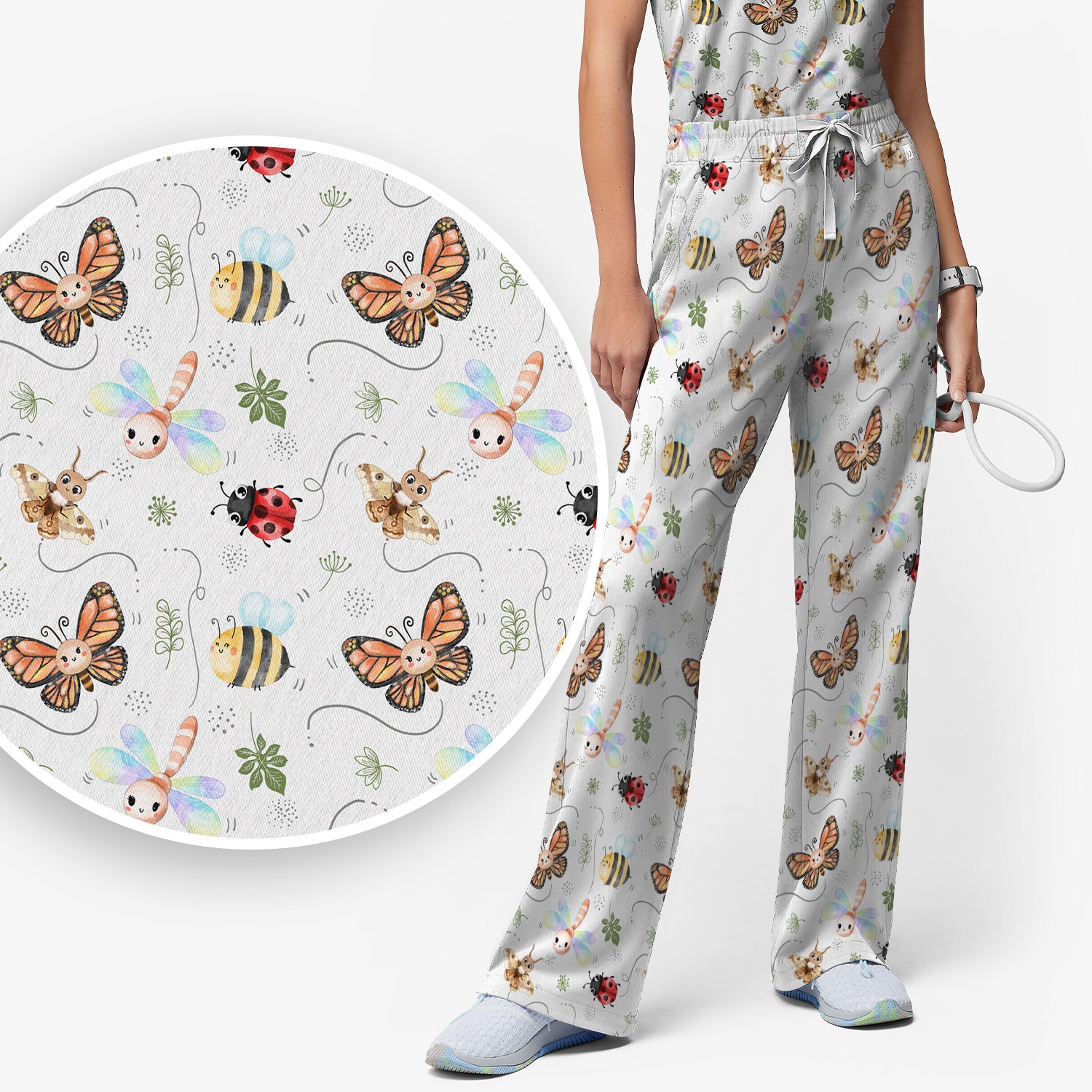 Colorful Garden Insect Pattern Scrub Set, Scrub Pants and V Neck Top