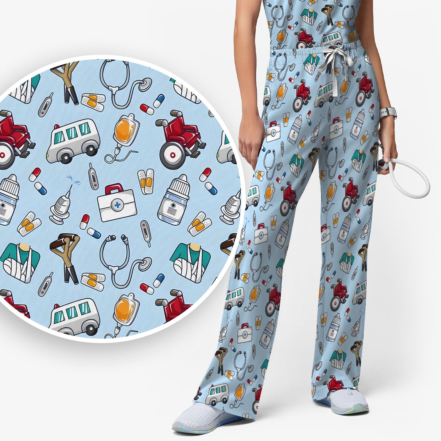Care Medical Tools & Emergency Transport Pattern Scrub Set, Scrub Pants and V Neck Top