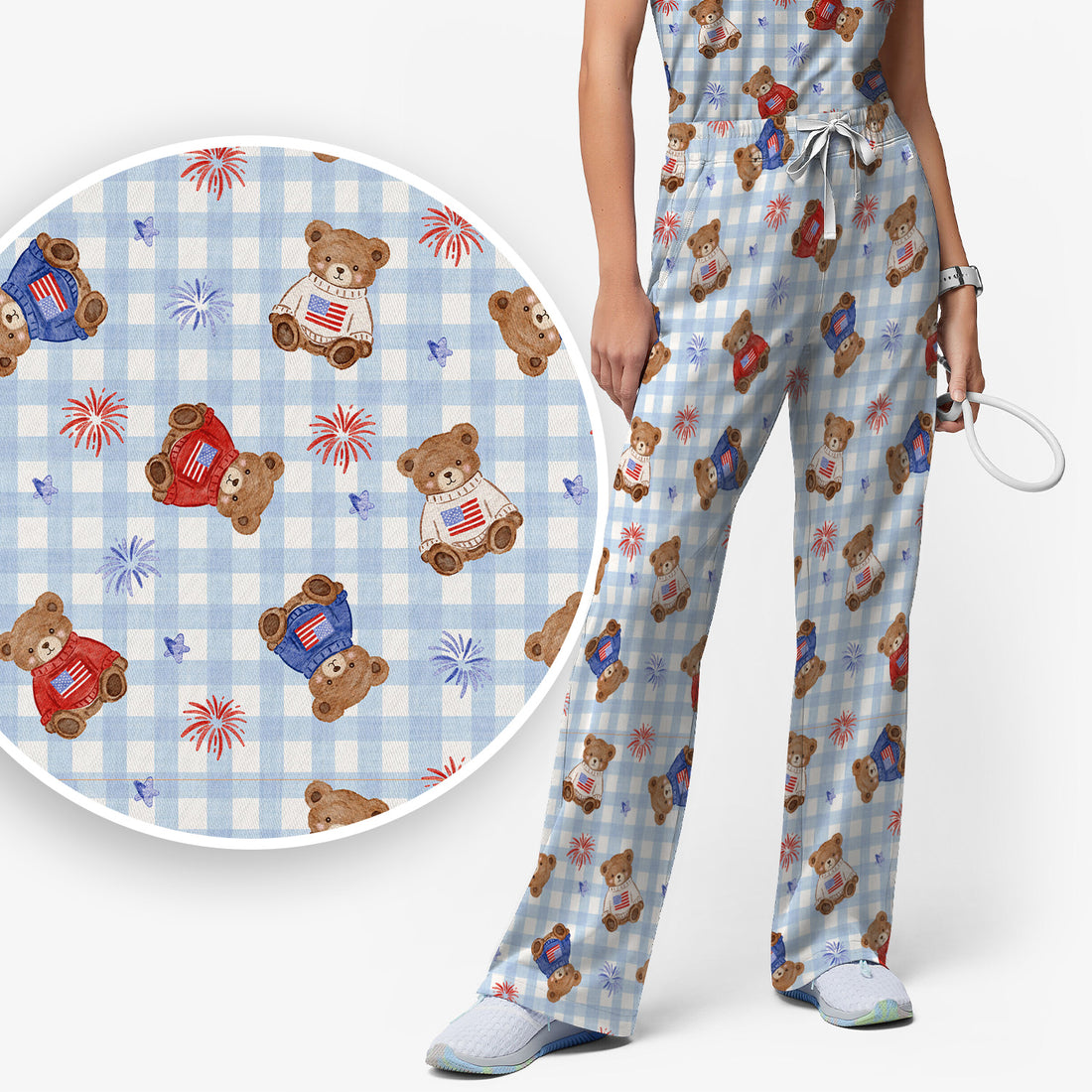 Cute Patriotic Teddy Bear Firework Gingham Pattern Scrub Set, Scrub Pants and V Neck Top