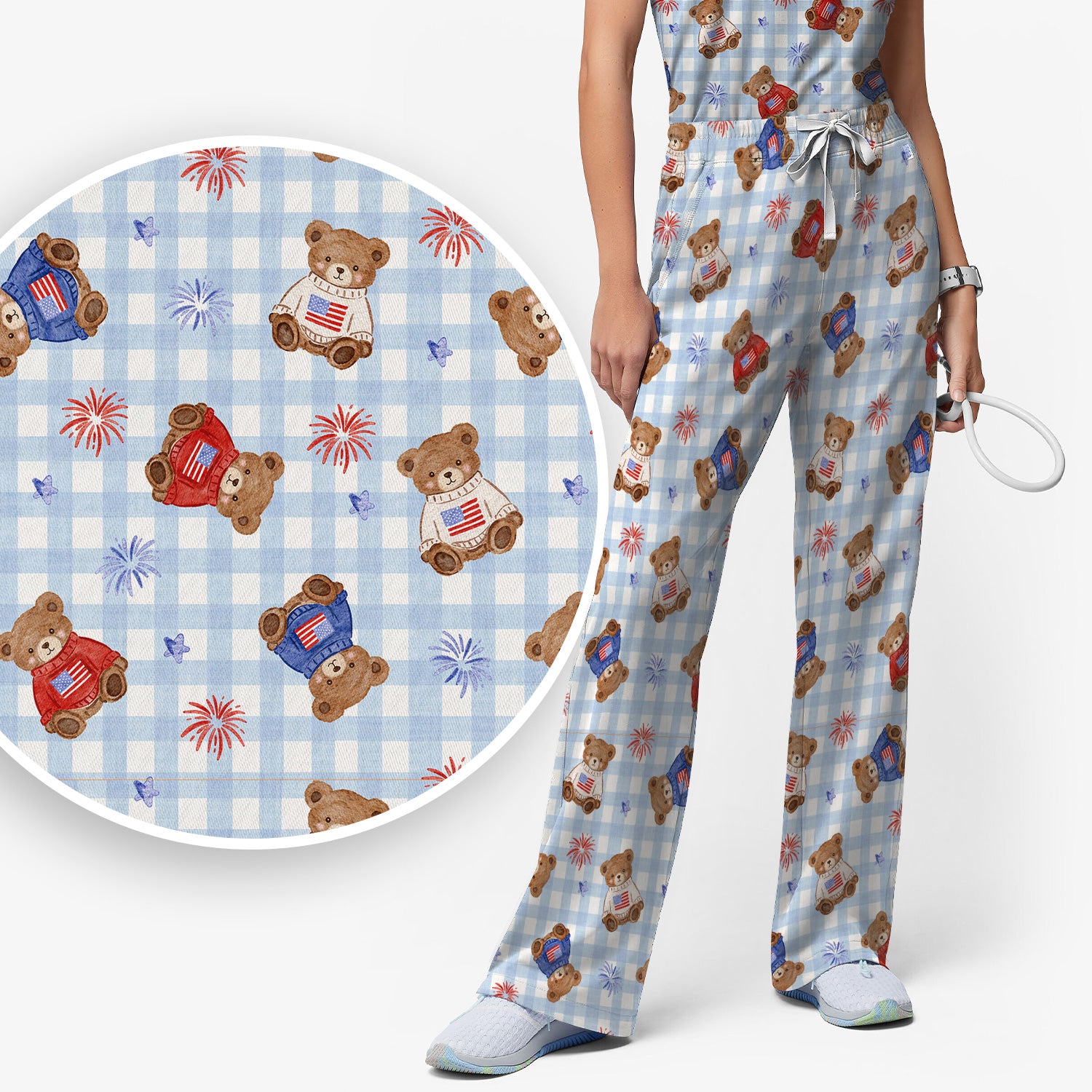 Cute Patriotic Teddy Bear Firework Gingham Pattern Scrub Set, Scrub Pants and V Neck Top