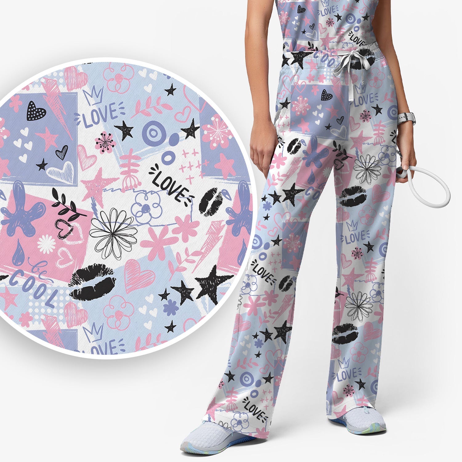 Cute Love Hearts Doodle Print Scrub Set, Scrub Pants and V Neck Top