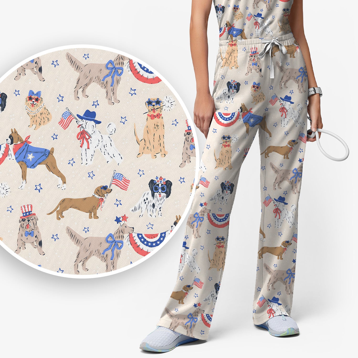 Patriotic Dog Parade Pattern Scrub Set, Scrub Pants and V Neck Top