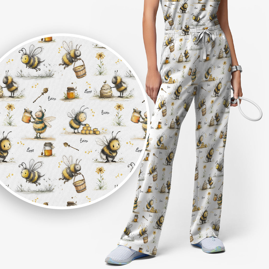 Cute Honey Bee Jar Garden Pattern Scrub Set, Scrub Pants and V Neck Top