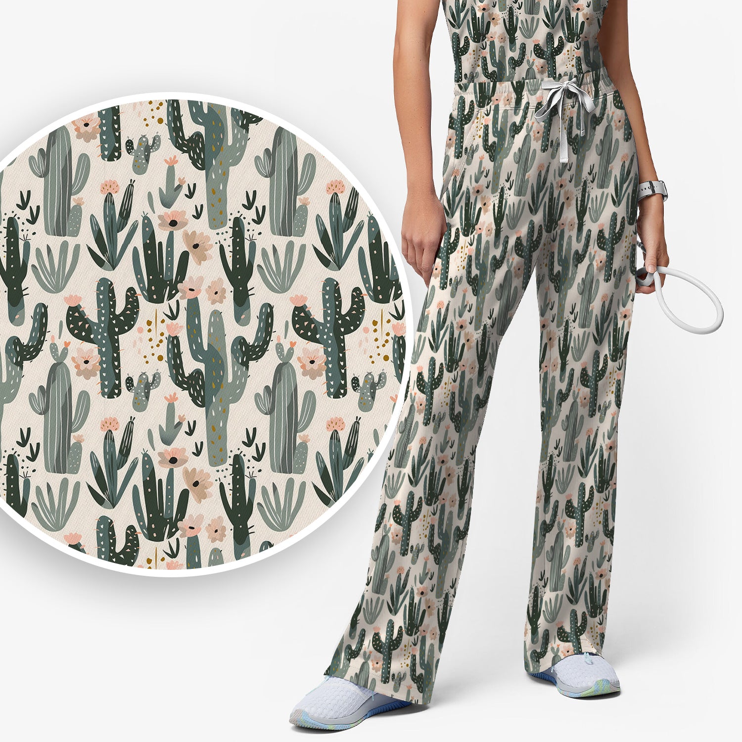 Green Cactus Desert Blossom Pattern Scrub Set, Scrub Pants and V Neck Top