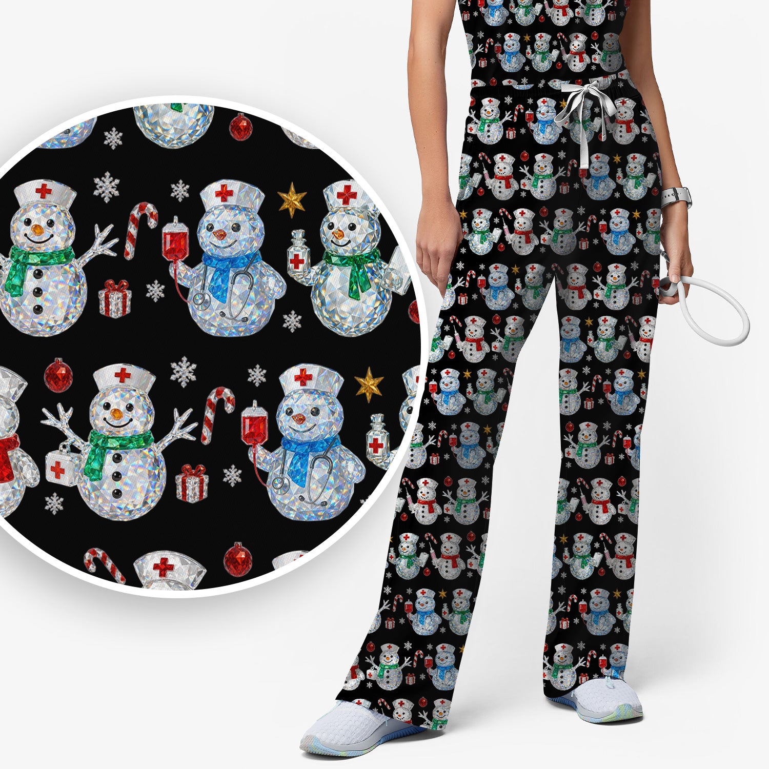 Nurse Snowman Christmas Scrub Set, Cute Holiday Medical Pattern Shirt For Women, Winter Snowflake Nursing Uniform