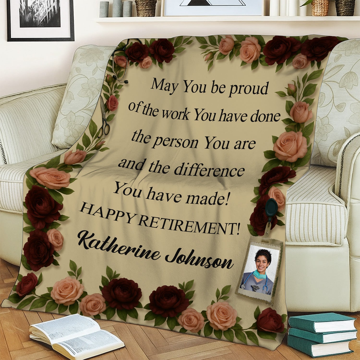 Custom Retirement Blanket with Name & Photo - Floral Border with Inspirational Quote - Gift for Nurse, RN, LPN, Medical Staff