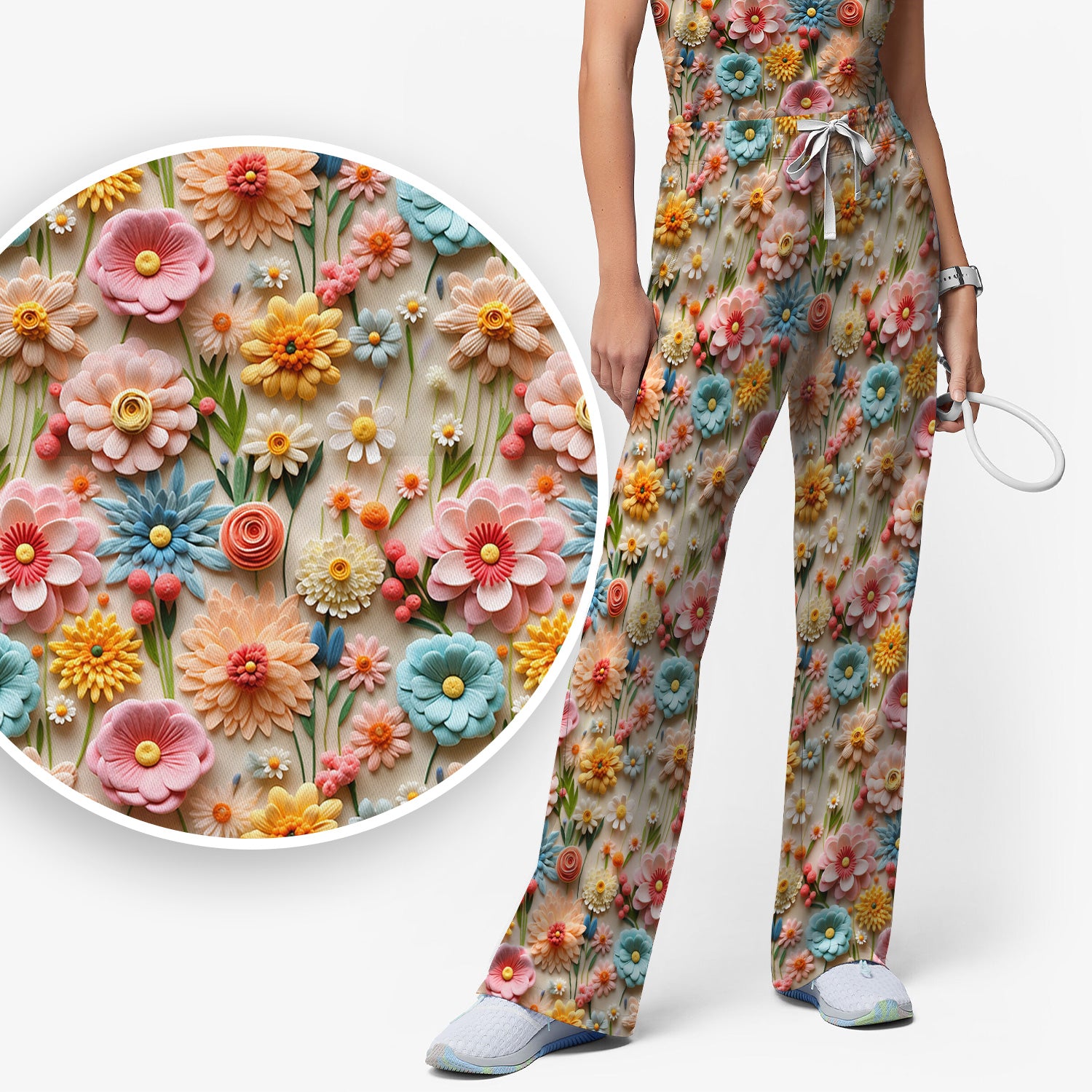 Colorful Blooming Wildflower Pattern Scrub Set, Scrub Pants and V Neck Top