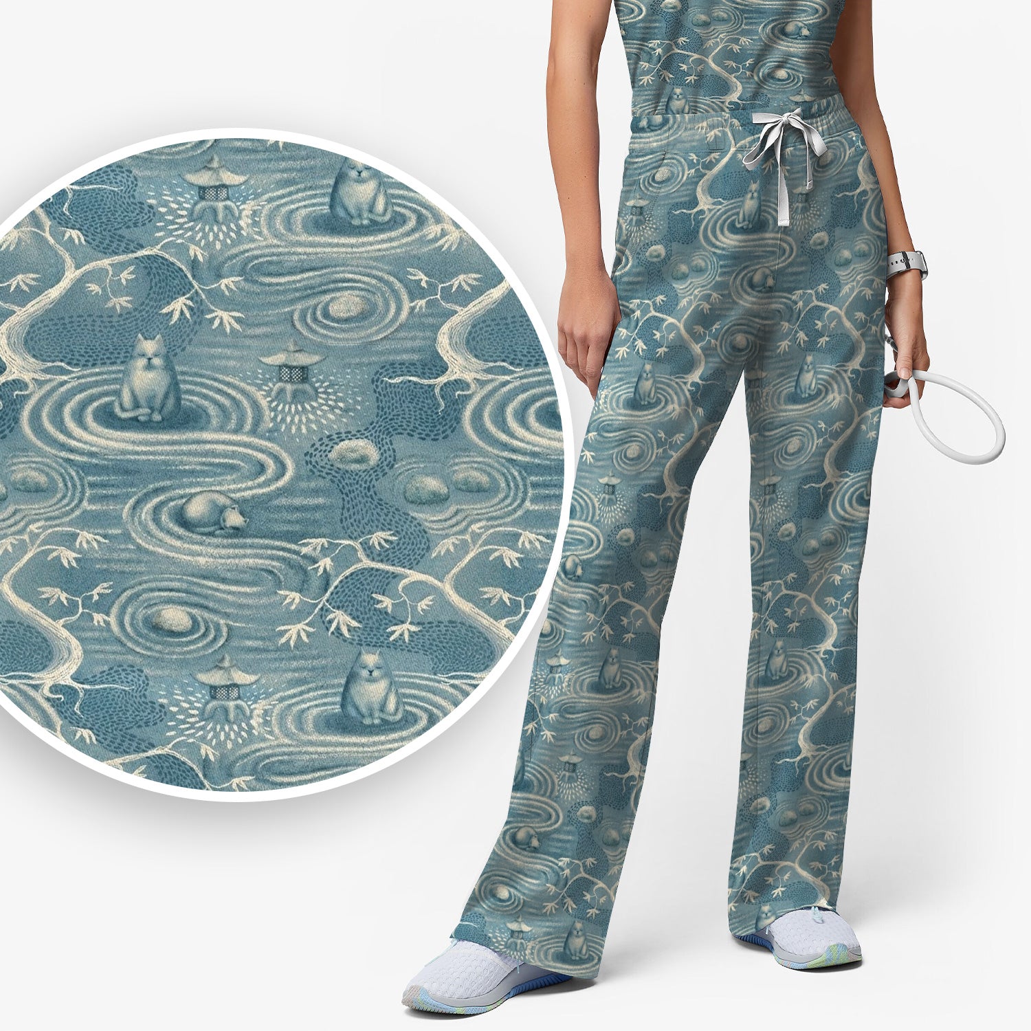 Zen Cat Water Garden Pattern Scrub Set, Scrub Pants and V Neck Top
