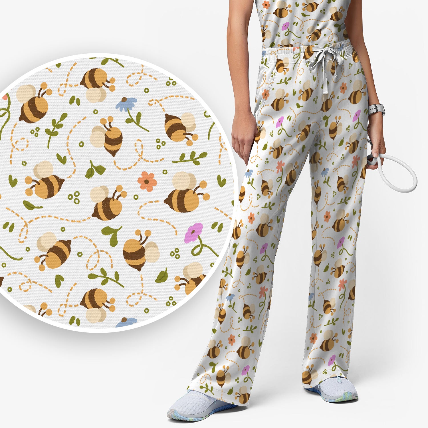 Bee Flying Floral Trail Garden Pattern Scrub Set, Scrub Pants and V Neck Top