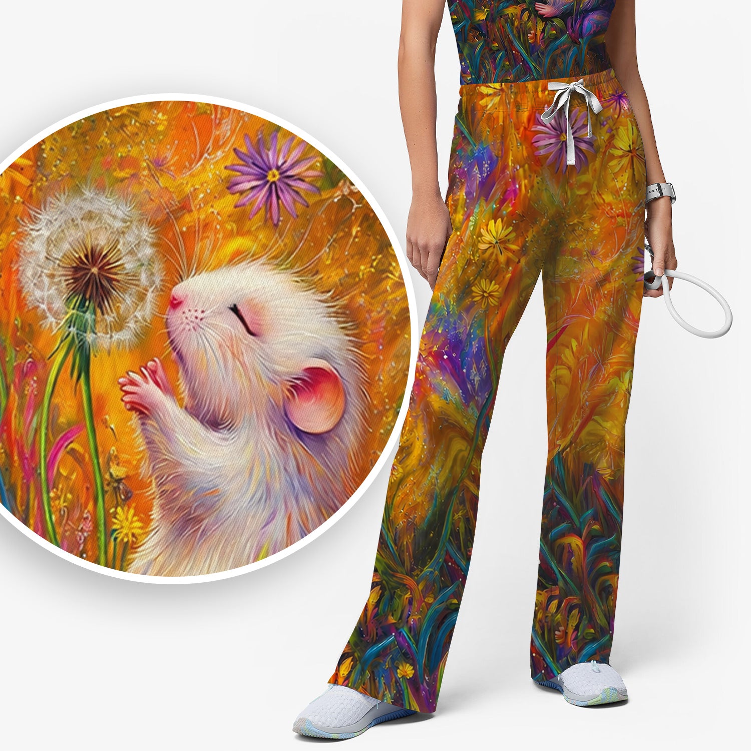 Cute Whimsical Mouse Dandelion Pattern Scrub Set, Scrub Pants and V Neck Top