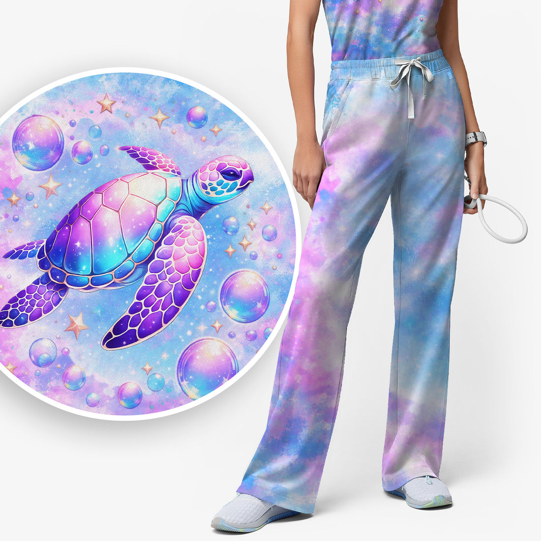 Pastel Galaxy Sea Turtle Bubble Art Scrub Set, Scrub Pants and V Neck Top