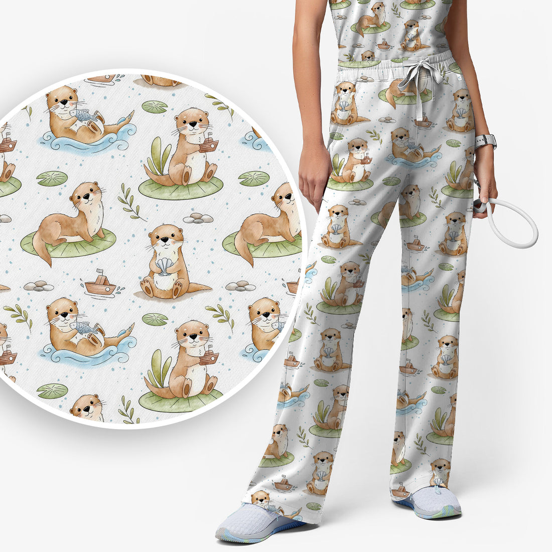 Cute Otter With Lily Pad Pattern Scrub Set, Scrub Pants and V Neck Top