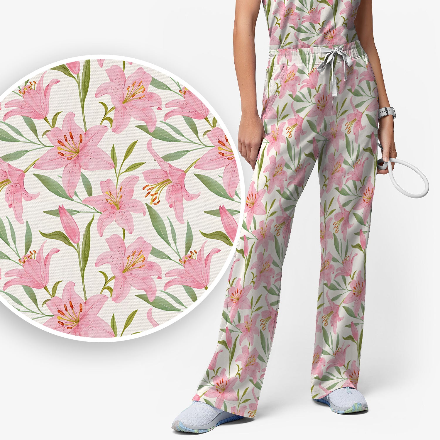 Cute Pink Lily Floral Nurse Pattern Scrub Set, Scrub Pants and V Neck Top