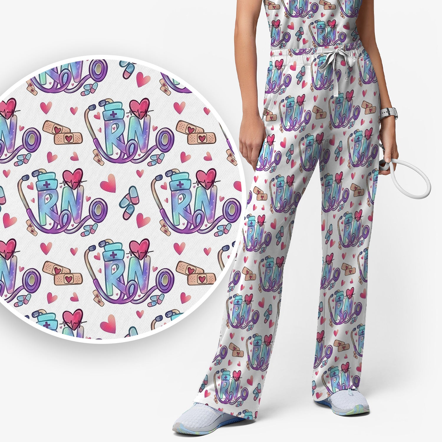 Nurse Life RN Heart Pattern Scrub Set, Scrub Pants and V Neck Top