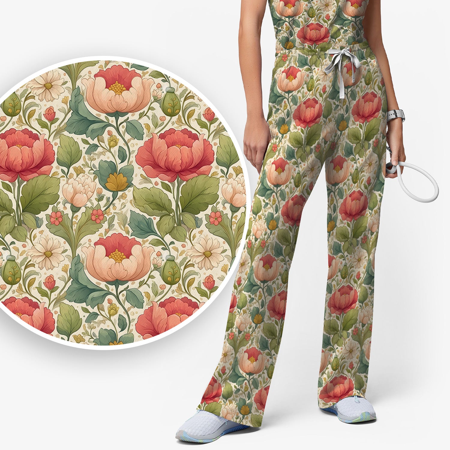 Vintage Botanical Peony Floral Pattern Scrub Set, Scrub Pants and V Neck Top