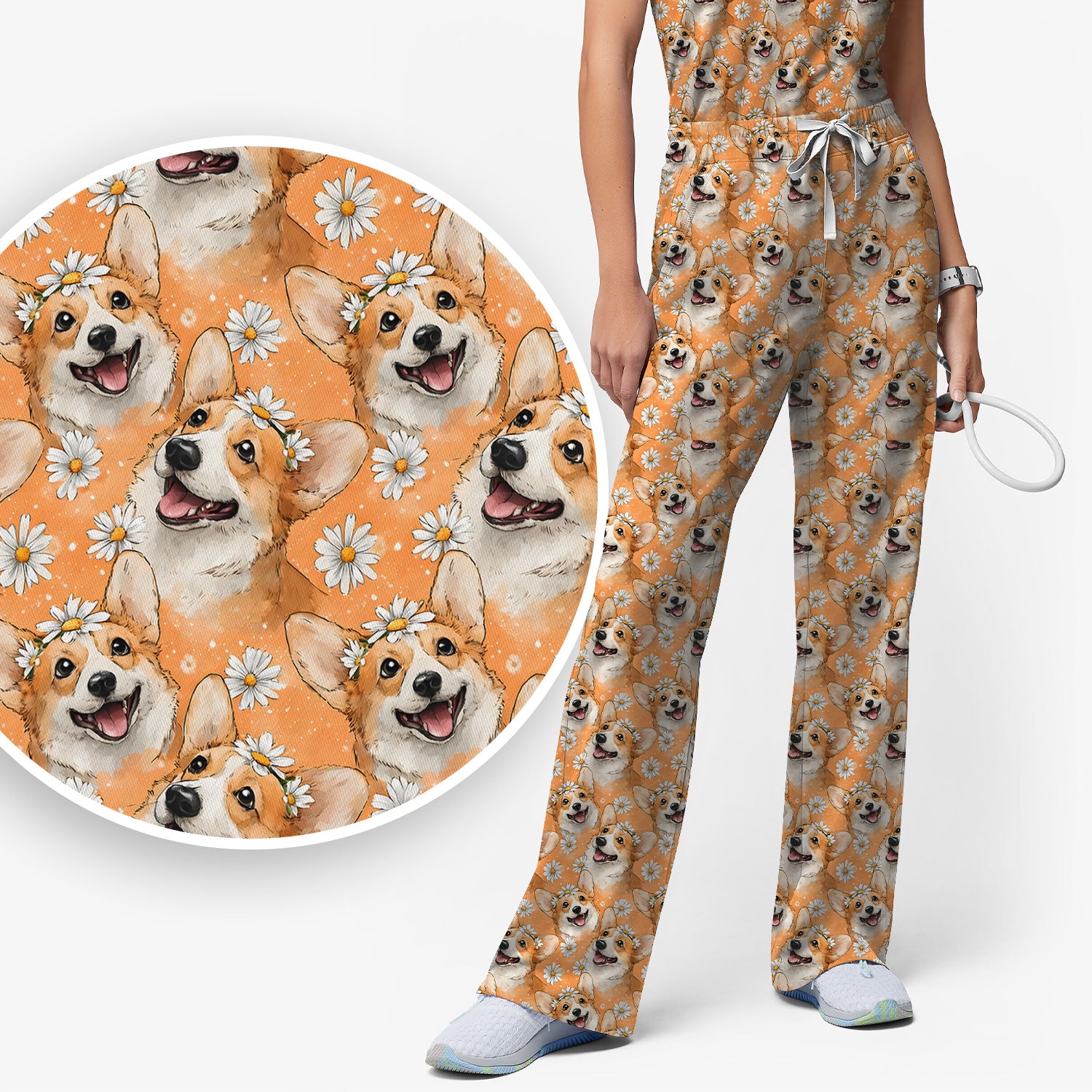 Happy Corgi Daisy Floral Pattern Orange Scrub Set,  Breathable Med Uniform