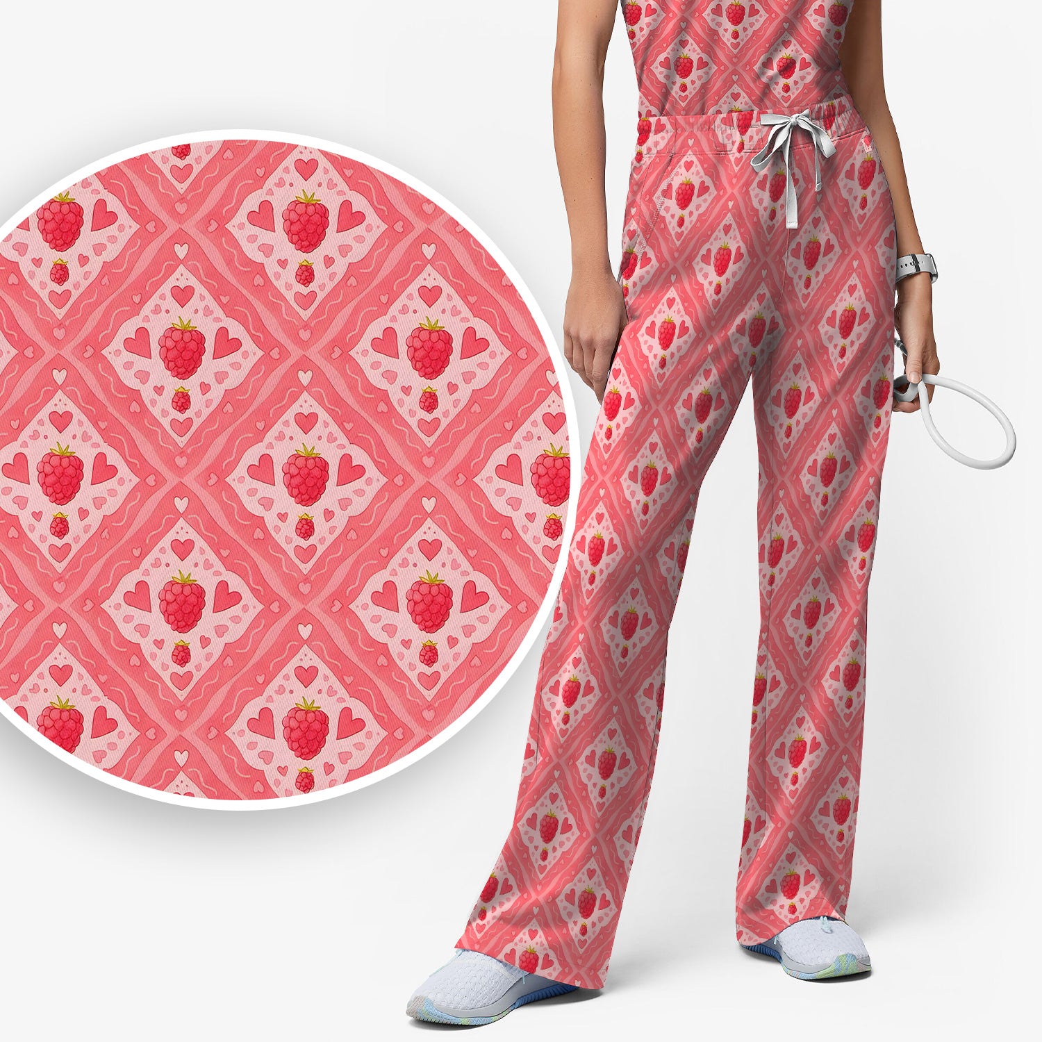 Sweet Red Cherry Gingham Pattern Scrub Set, Scrub Pants and V Neck Top
