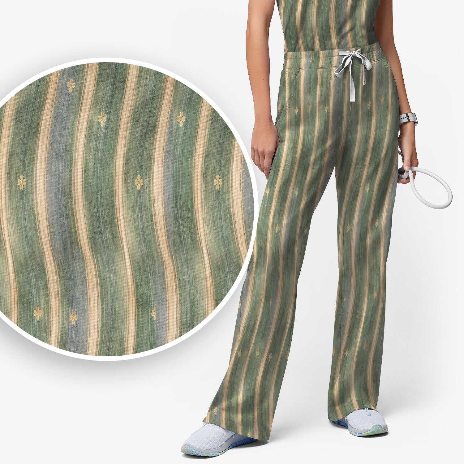 Charming Nurse Green Vertical Stripe Small Floral Pattern Scrub Set, Scrub Pants and V Neck Top