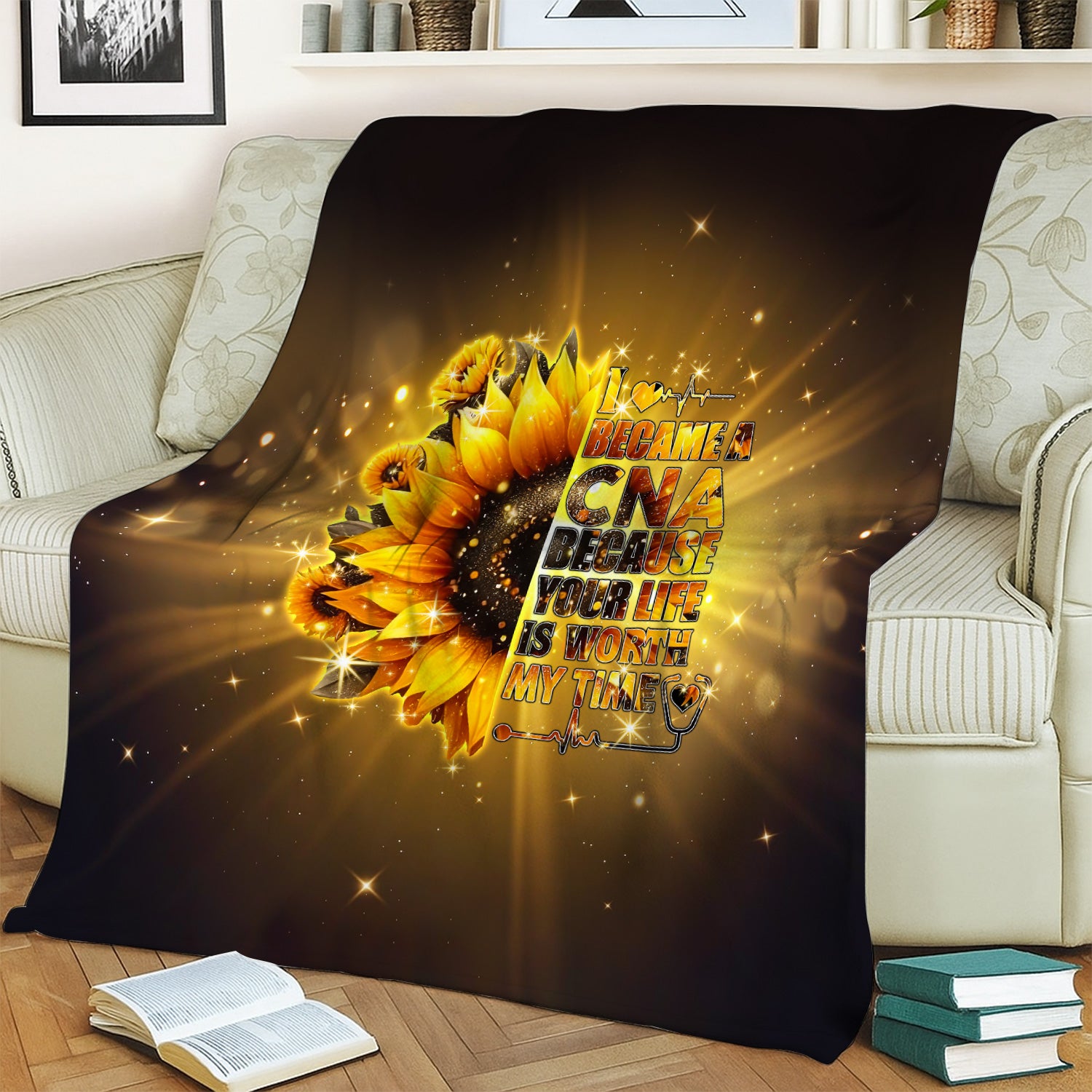 CNA Sunflower Throw Blanket - Inspirational Quote & Stethoscope Graphic - Gift for Healthcare Workers, Nurses
