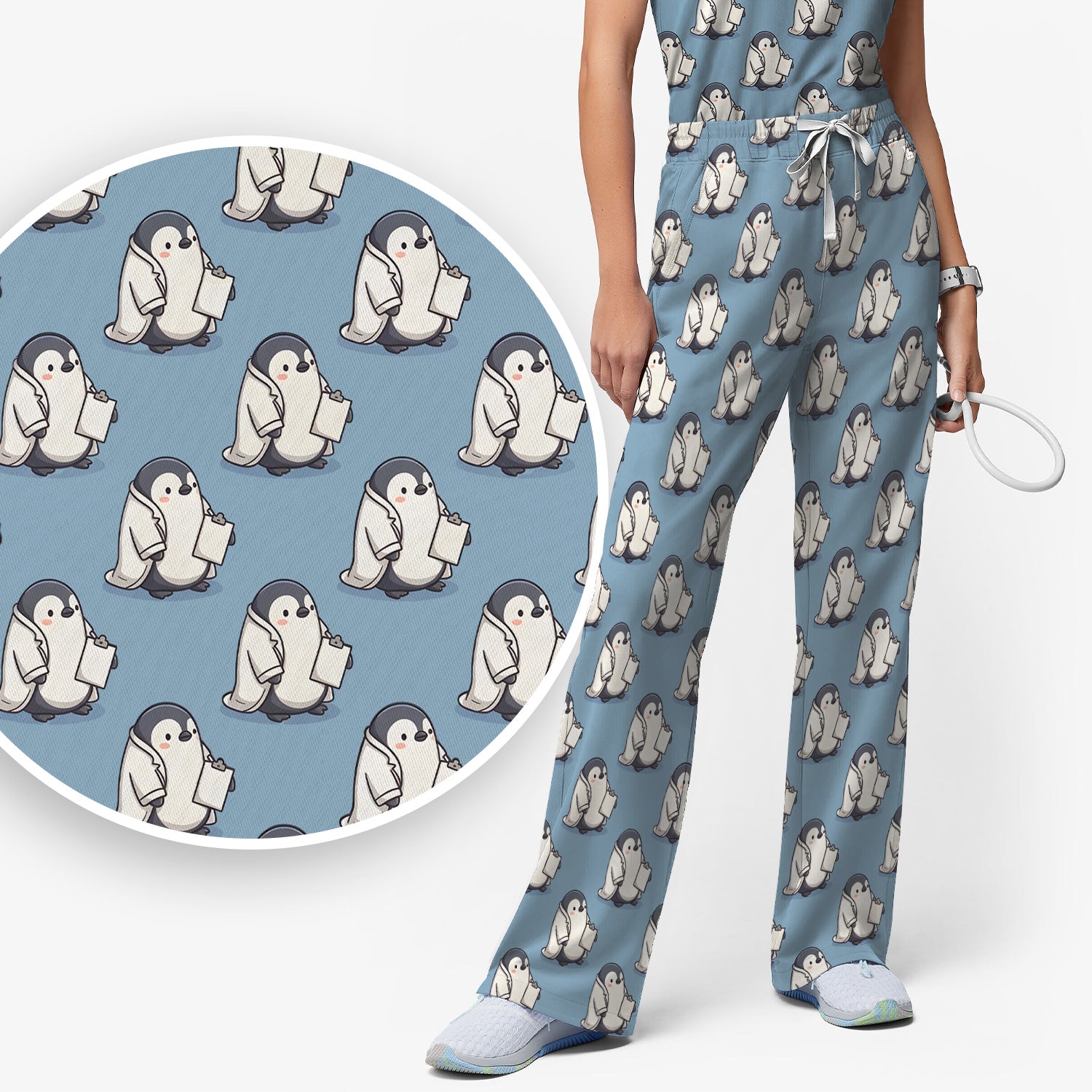 Penguin Nurse Medical Pattern Scrub Set, Scrub Pants and V Neck Top