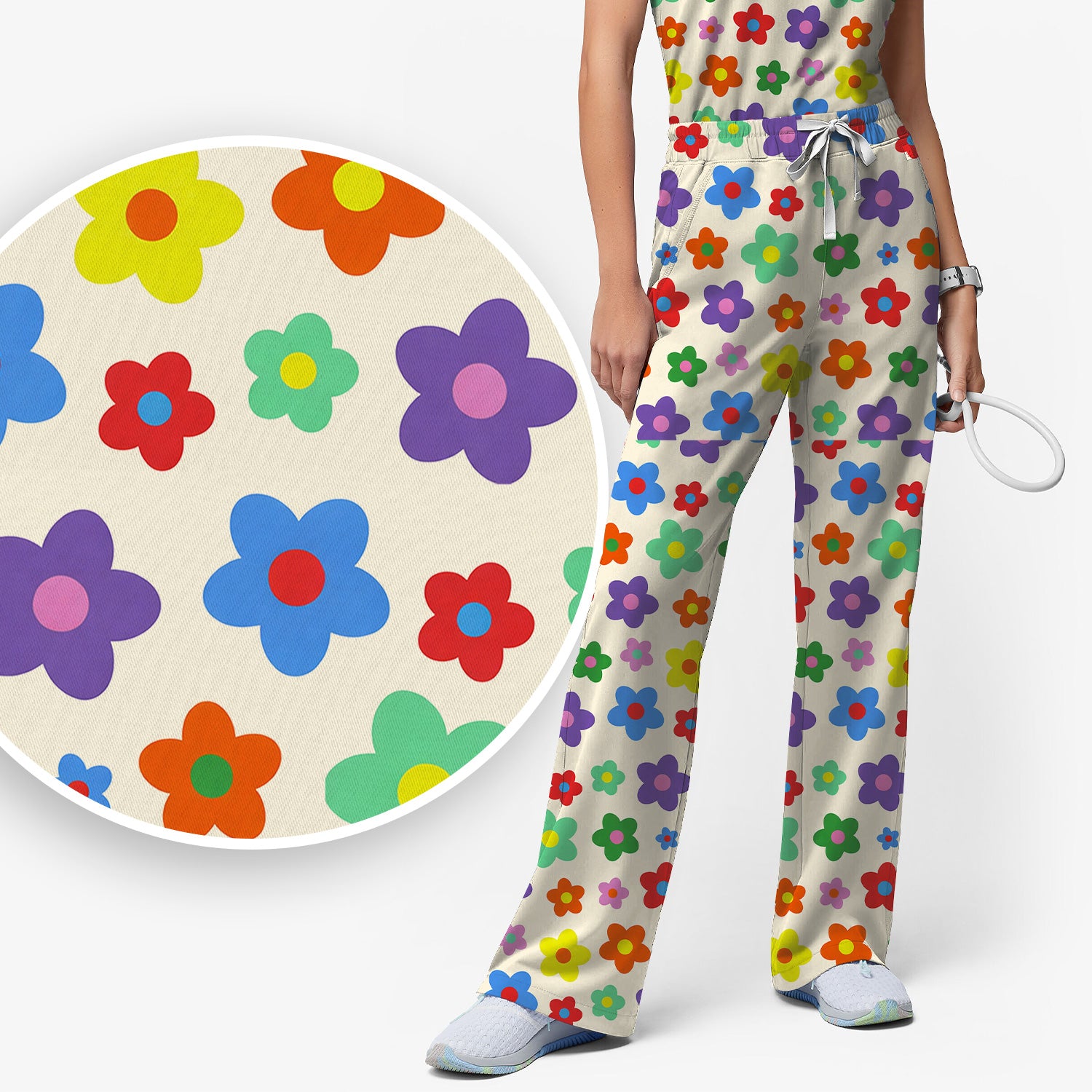 Colorful Retro Flower Pattern Print Scrub Set, Scrub Pants and V Neck Top