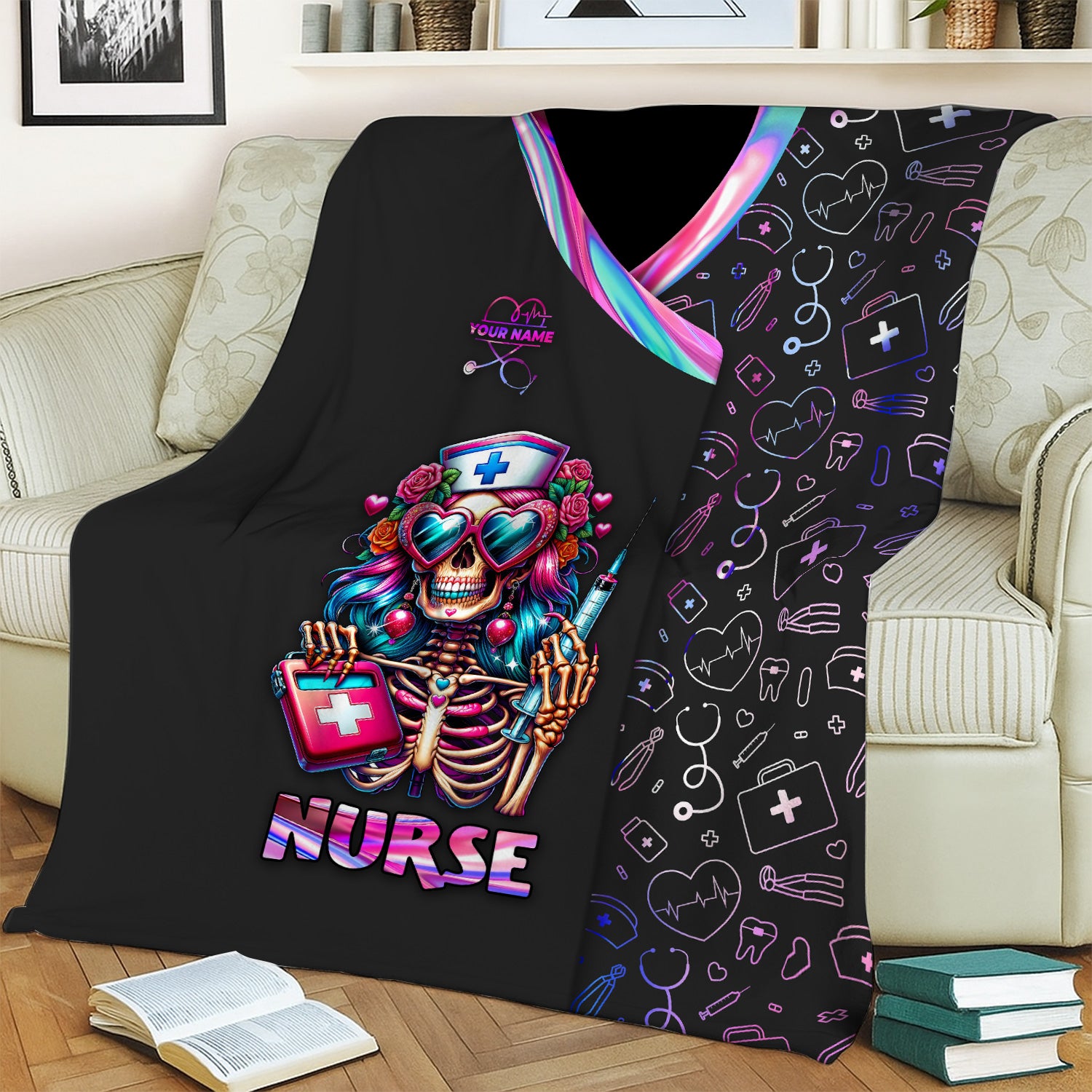 Personalized Gothic Nurse Blanket - Colorful Skeleton Holding Syringe & Med Bag - Gift for Healthcare Heroes, Halloween Fans