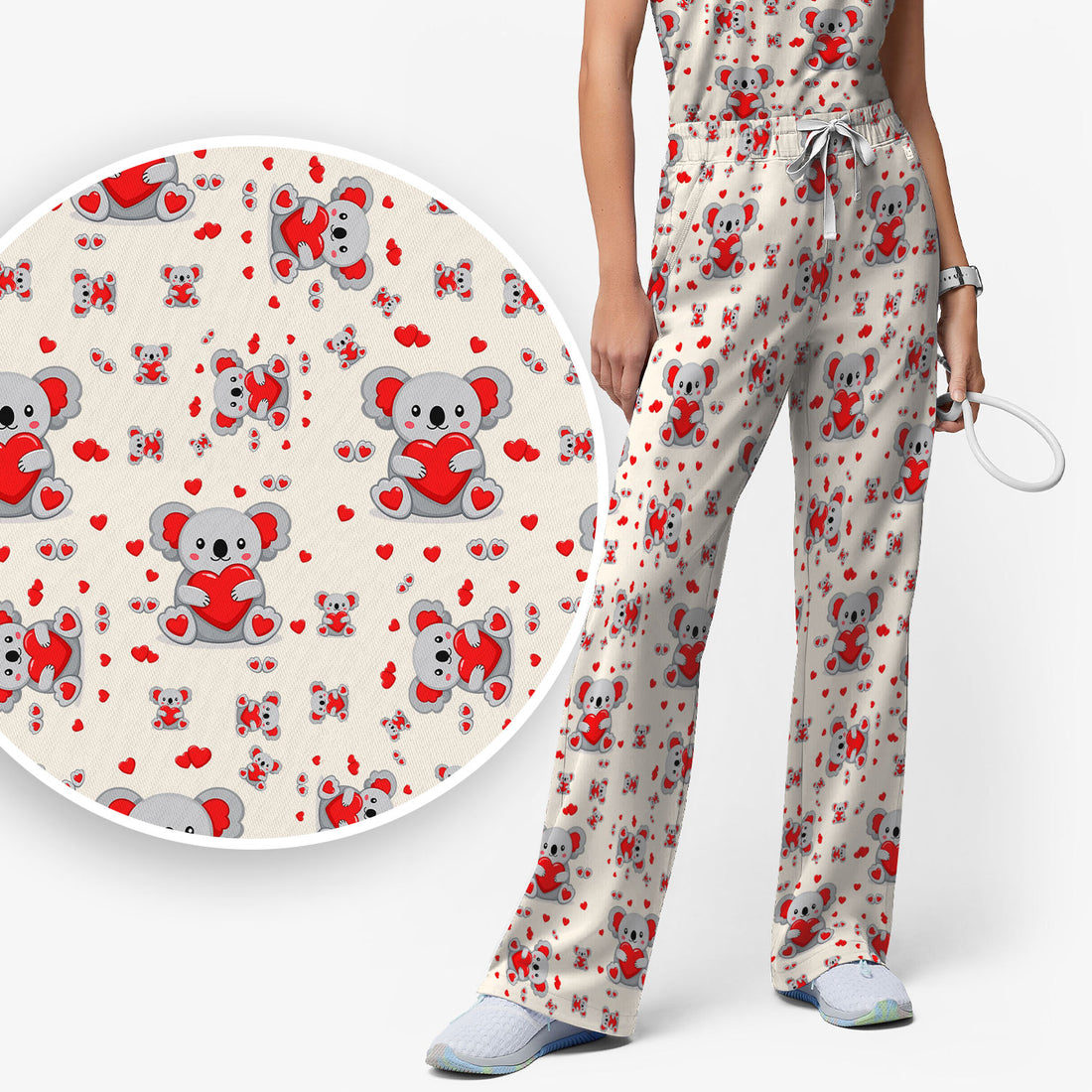 Valentine Cute Koala Heart Pattern Medical Outfit, Women's Scrub Sets