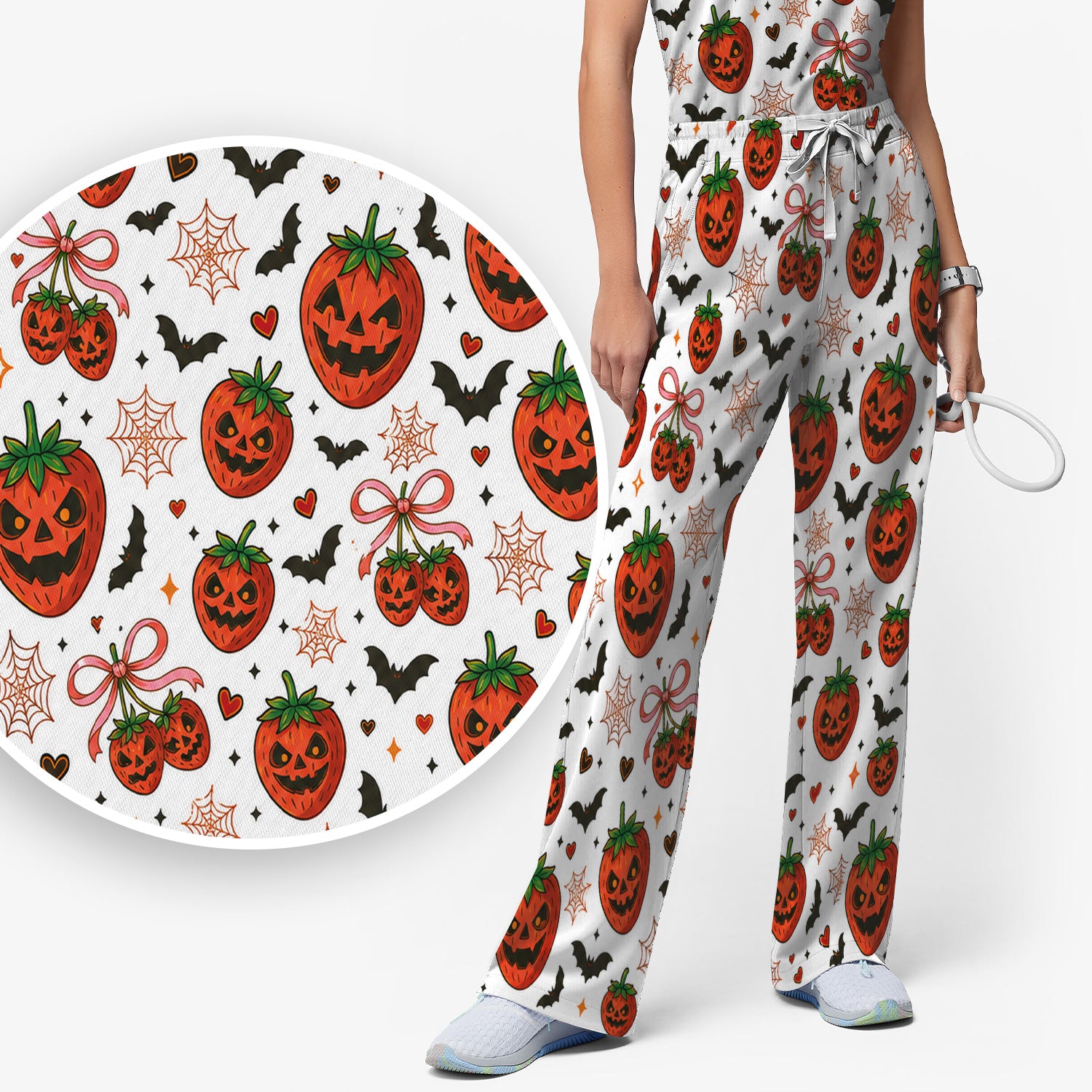 Sweet Halloween Strawberry Jack O Lanterns Scrub Set, Scrub Pants and V Neck Top