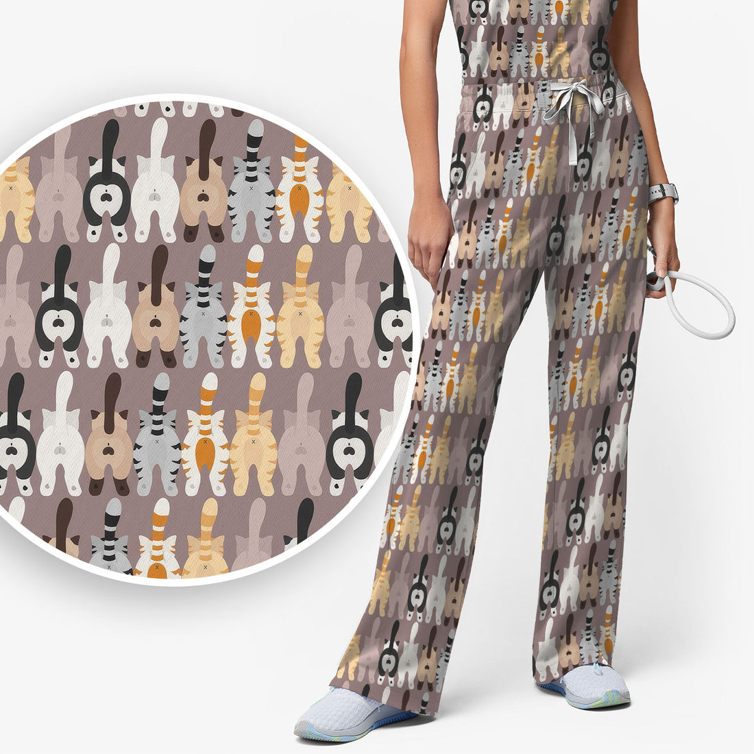 Cute Cat Butt Pattern Scrub Set, Funny Cat Nursing Shirt, Comfortable Scrubs For Nurses