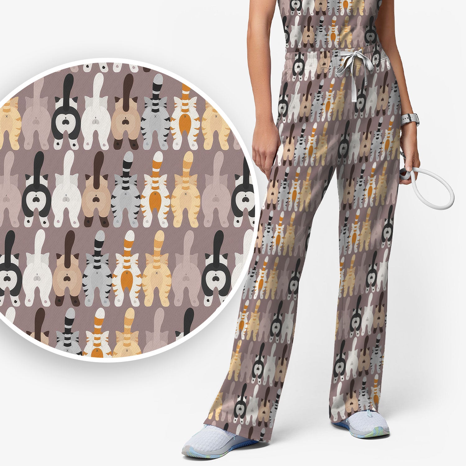 Cute Cat Butt Pattern Scrub Set, Funny Cat Nursing Shirt, Comfortable Scrubs For Nurses