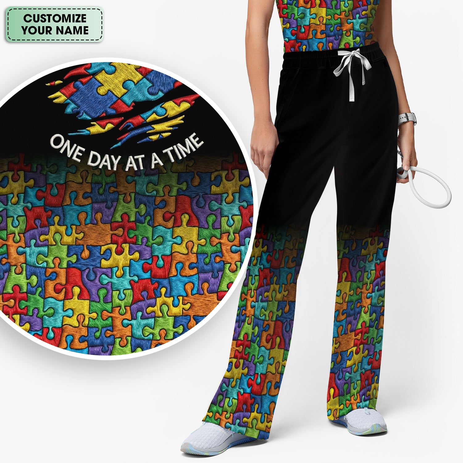 Personalized Autism Puzzle One Day At A Time Scrub Set, Scrub Pants and V Neck Top