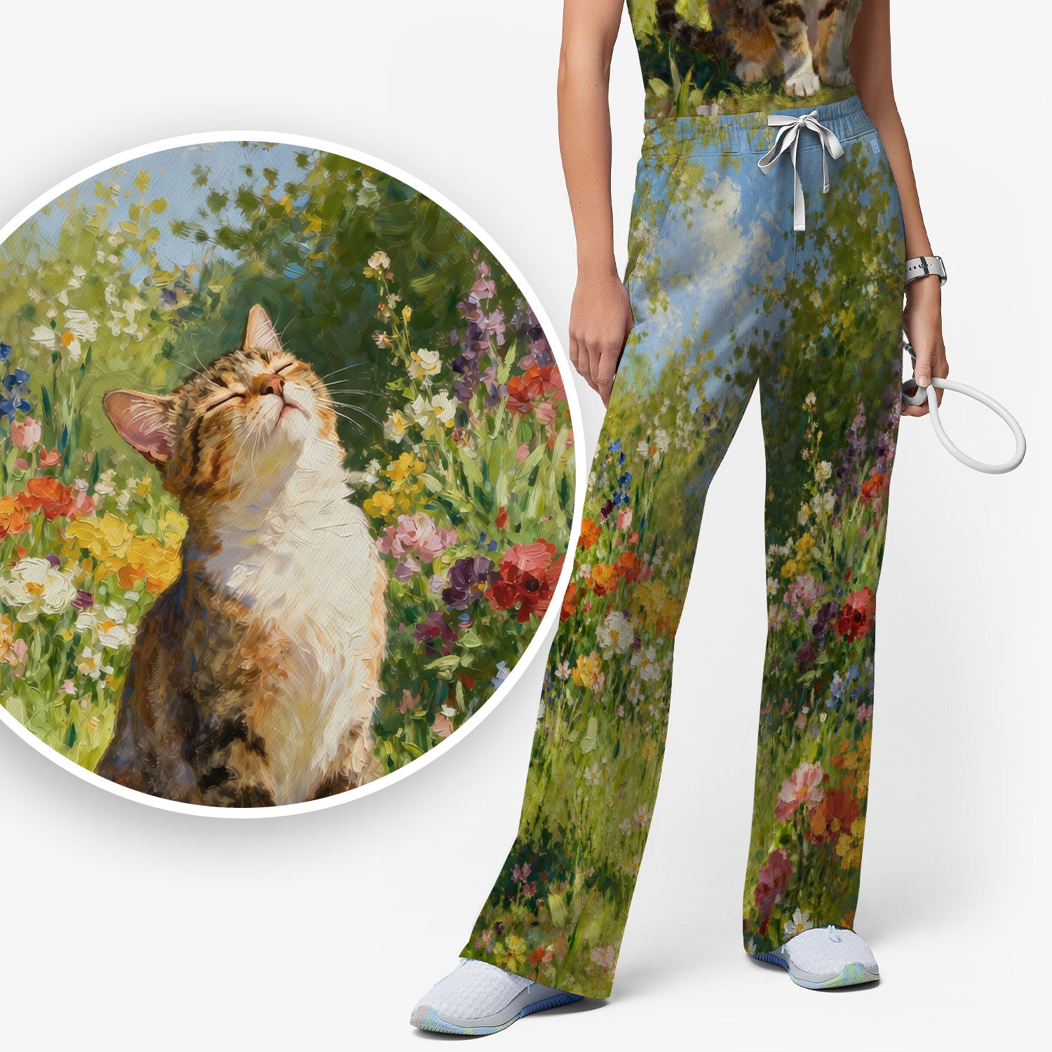 Whimsical Garden Cat Blossom Pattern Scrub Set, Scrub Pants and V Neck Top