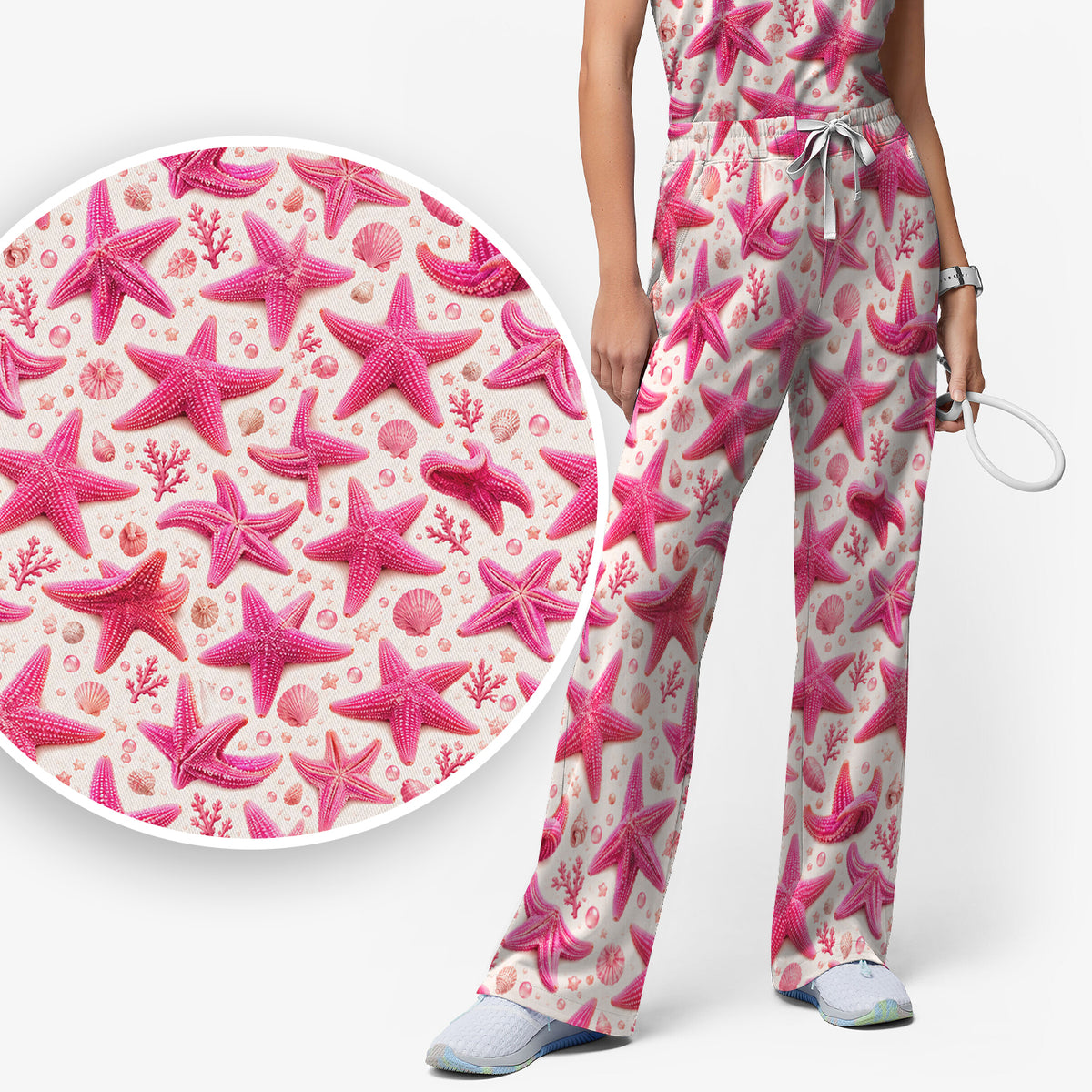 Pink Starfish And Seashell Pattern Scrub Set, Scrub Pants and V Neck Top
