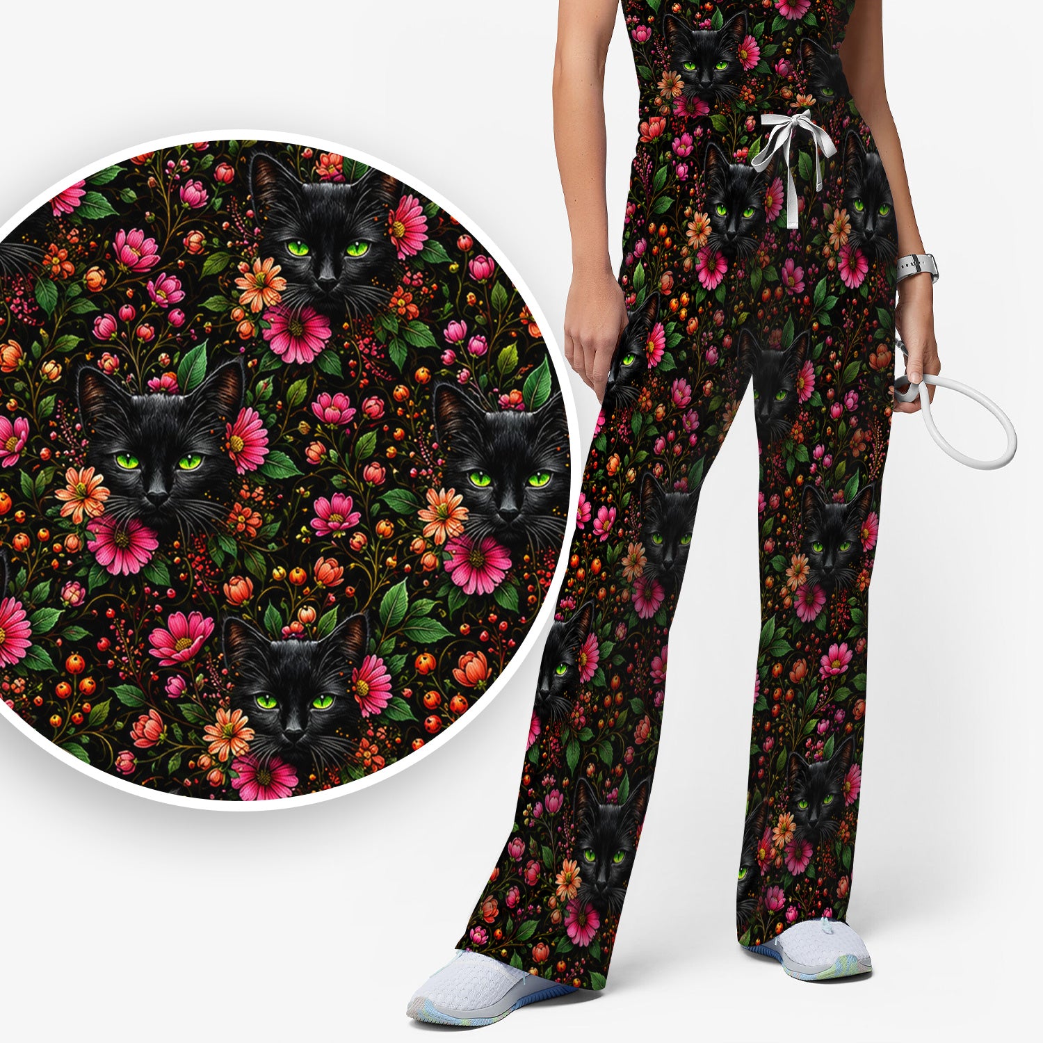 Adorable Black Cat Blossom Pattern Scrub Set, Scrub Pants and V Neck Top