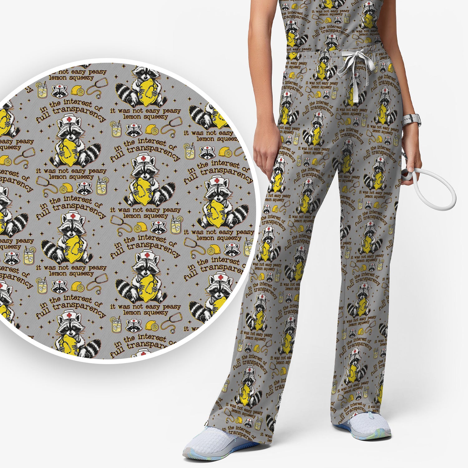 Raccoon Lemon Quote Medical Humor Pattern Scrub Set, Breathable Med Uniform