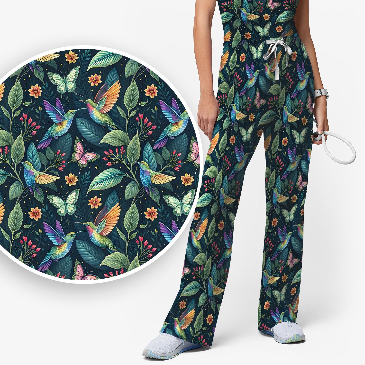 Vibrant Hummingbird Garden Nurse for RN, CNA, Botanical Medical Scrub Set, Scrub Pants and V Neck Top