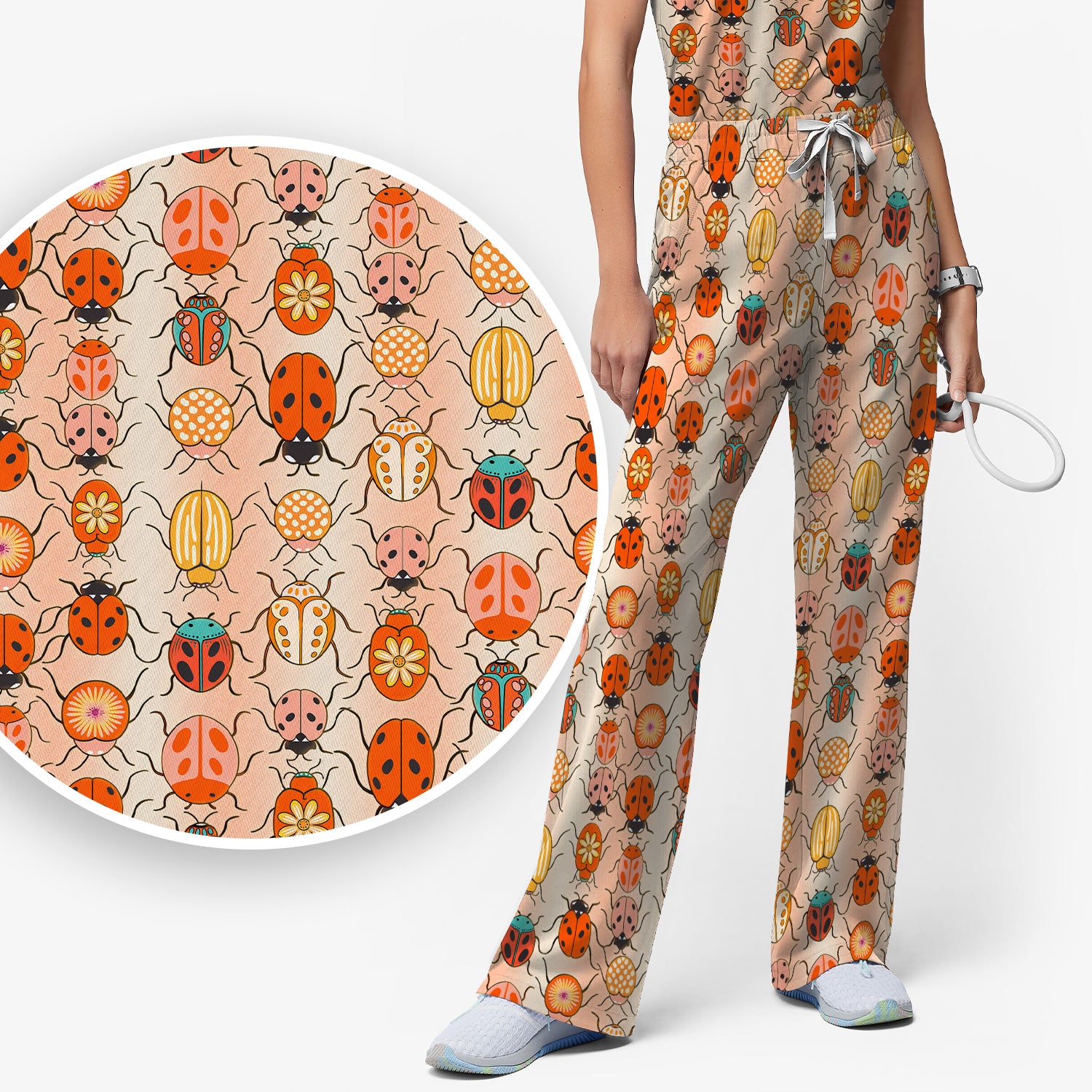 Cute Ladybug Beetle Floral Pattern Scrub Set, Women's Scrub Sets