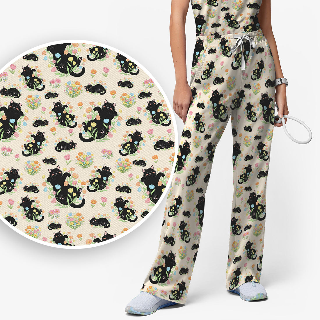 Cats With Cute Poses Floral Pattern Scrubs Sets, Scrub Pants and V Neck Top
