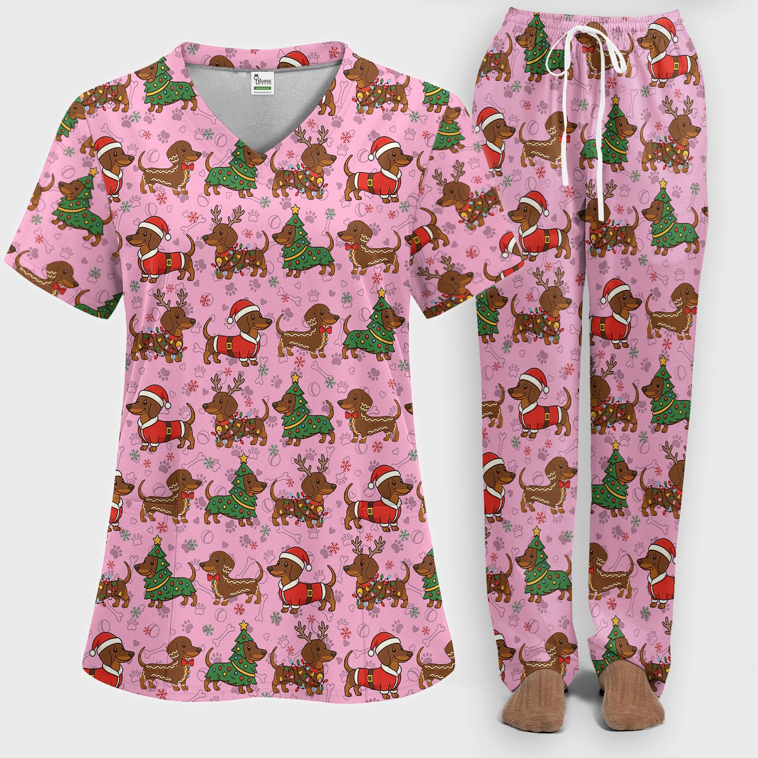 Christmas Weenie Dog Scrub Sets - Xmas Dachshund Scrub Pants - Cute Sausage Puppy V Neck Top - Breathable Med Uniform
