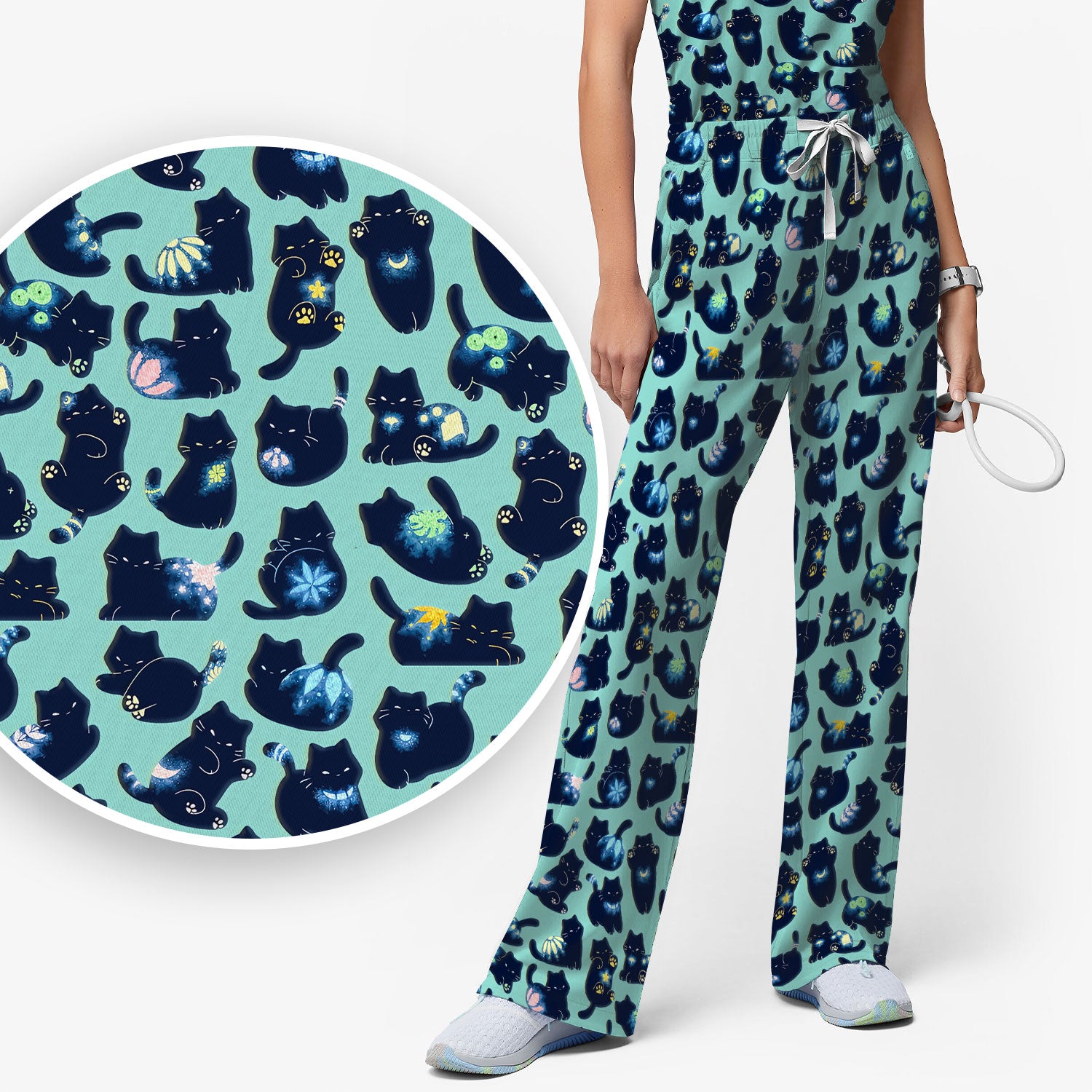 Midnight Cat Scrub Set, Black Cat Pattern Nurse Shirt, Breathable Fabrics Nursing Uniform
