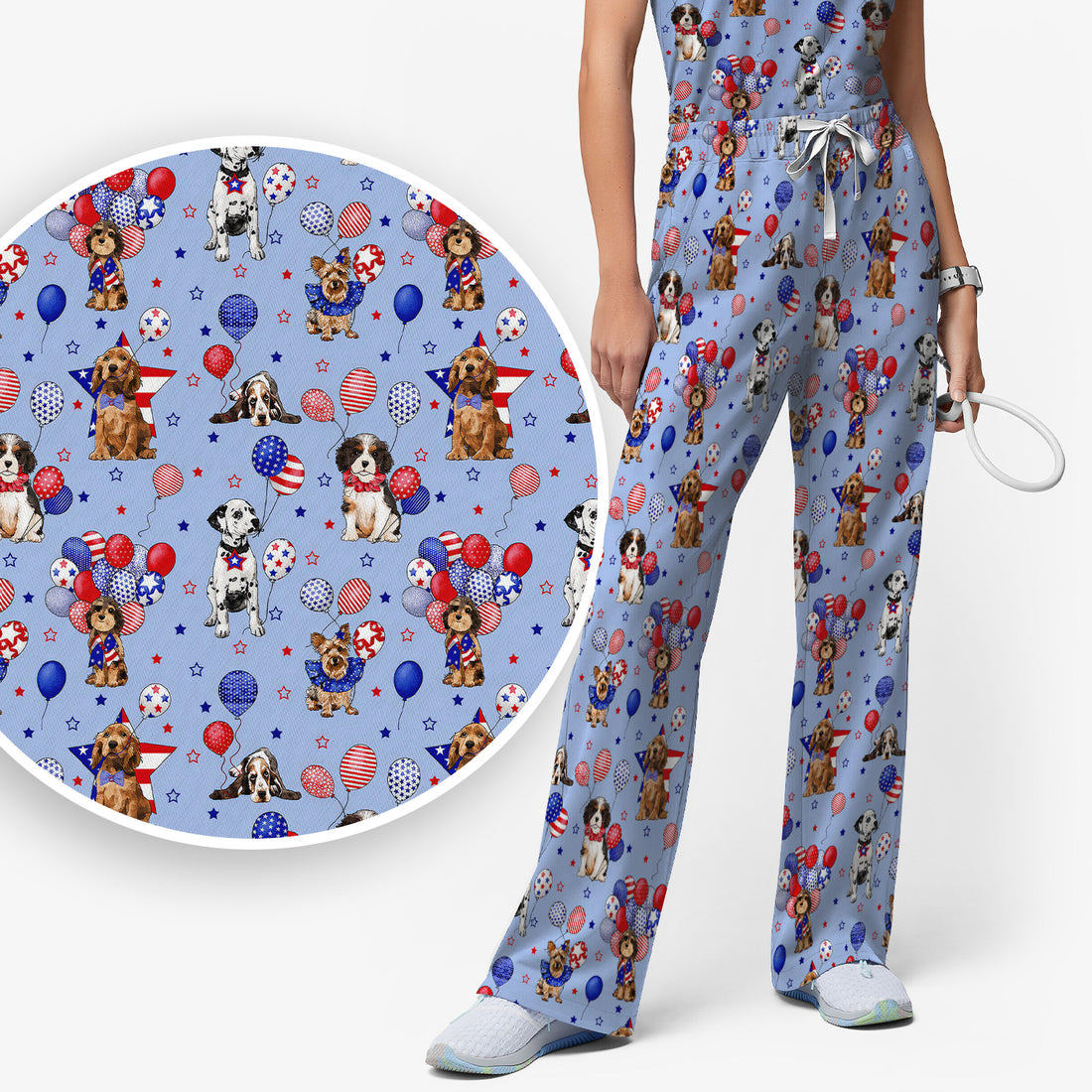 Patriotic Dogs With USA Flag Balloons Pattern Scrub Set, Scrub Pants and V Neck Top