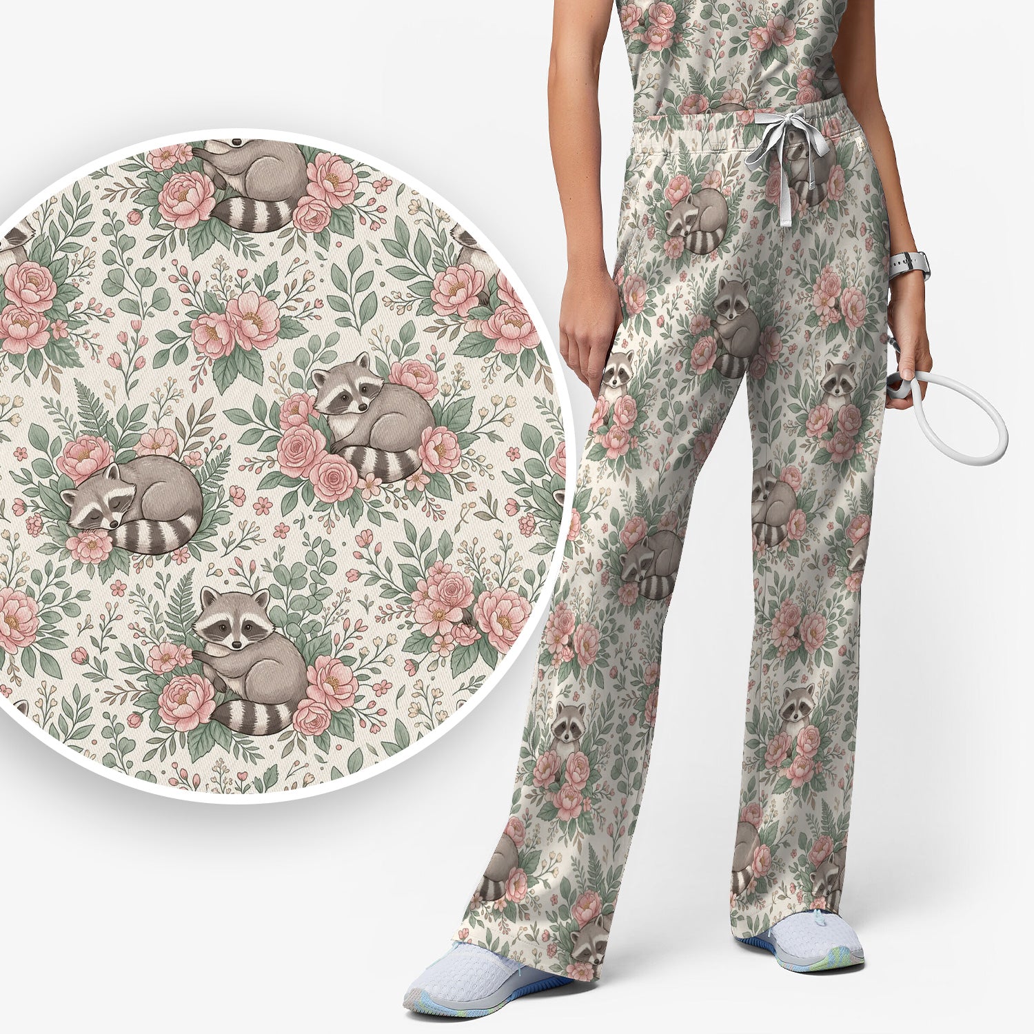 Sleeping Raccoon Rose Garden Pattern Scrub Set, Scrub Pants and V Neck Top