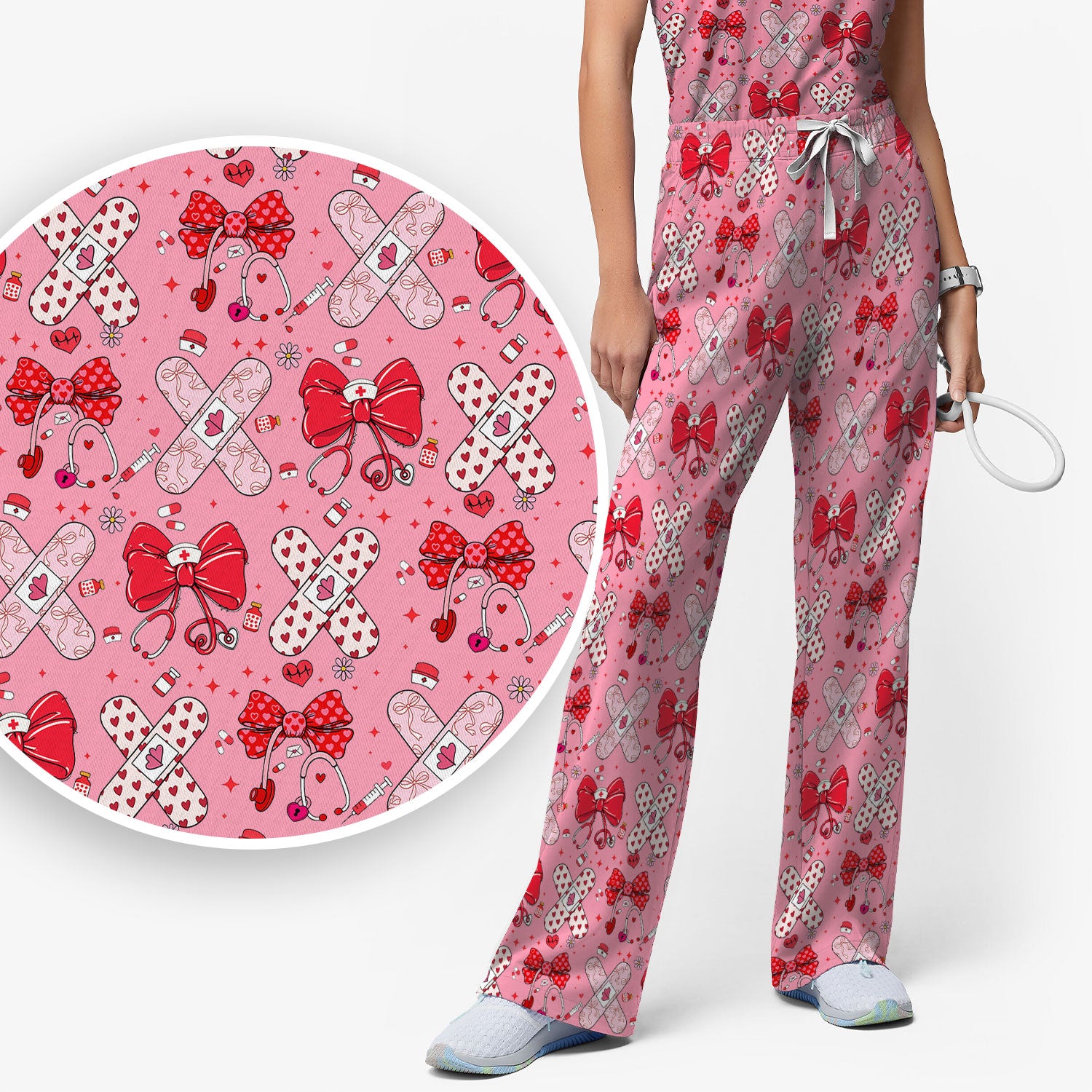 Valentine Nurse Scrub Set, Red Bow And Heart Bandage Pattern Medical Shirt, Breathable Fabrics Nursing Uniform