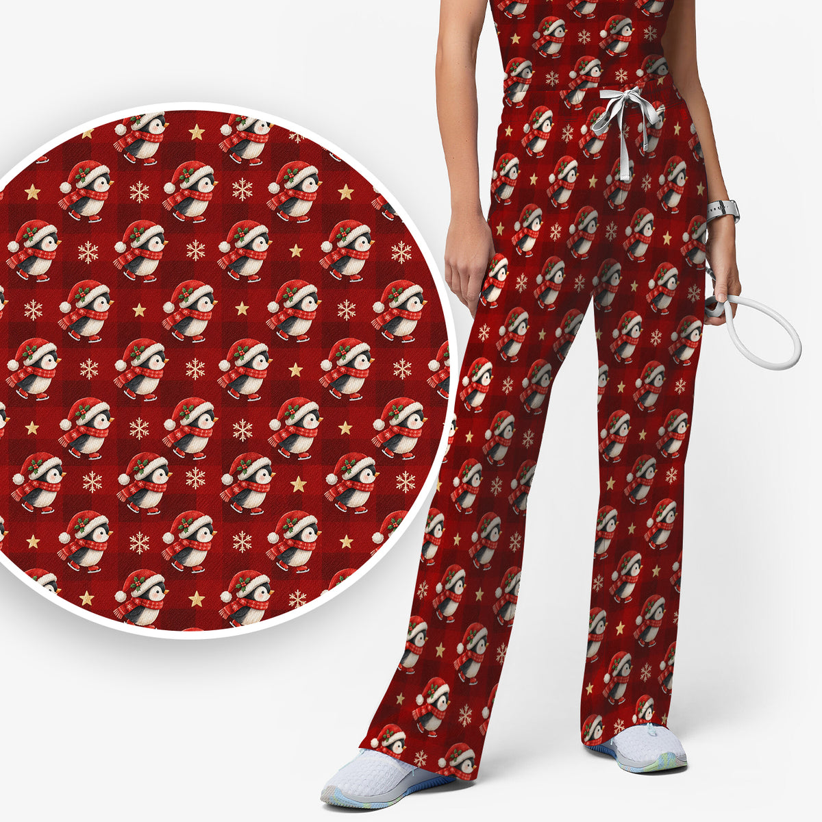 Cute Christmas Ice Skating Penguin Scrub Set, Scrub Pants and V Neck Top