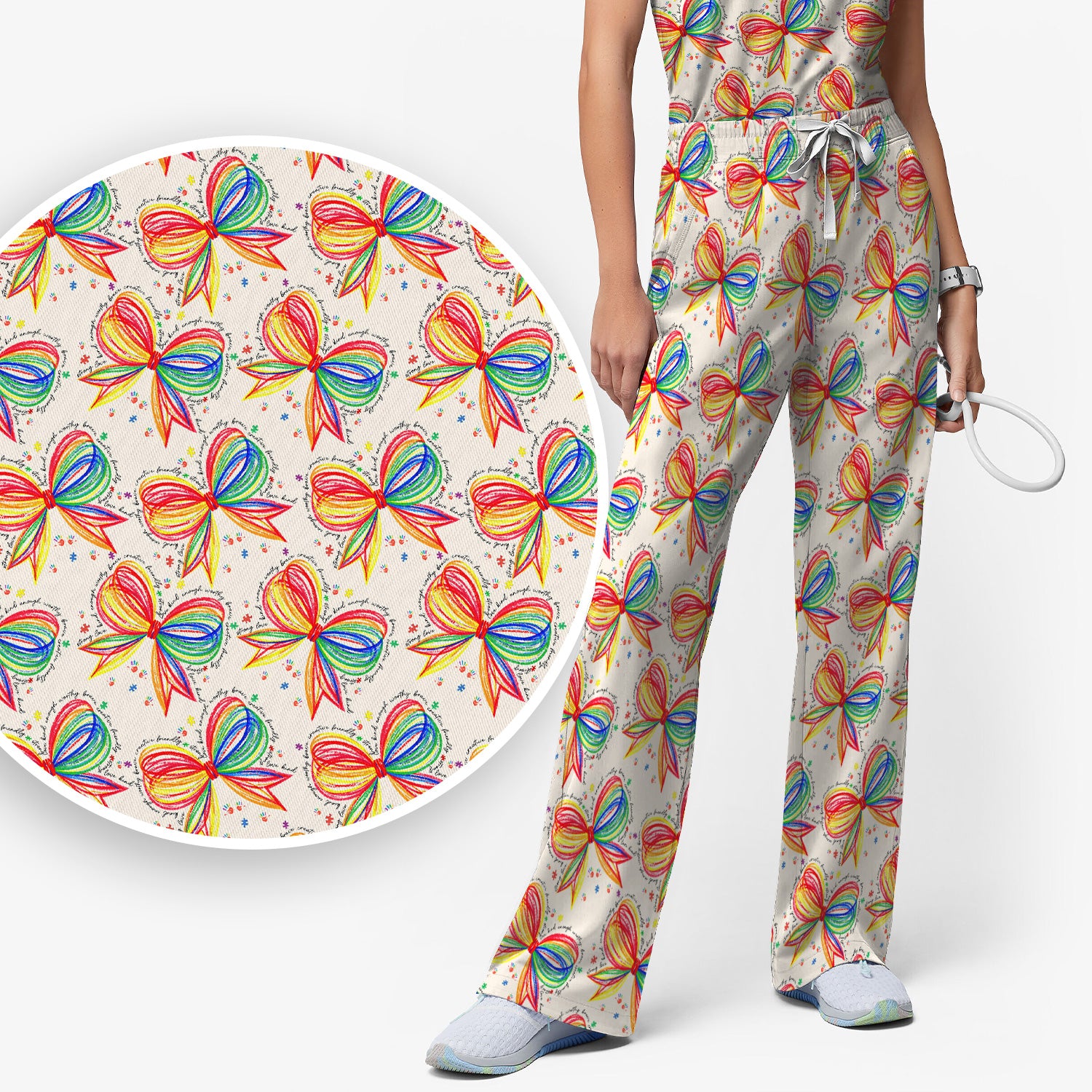 Colorful Rainbow Bow Pattern Scrub Set, Scrub Pants and V Neck Top