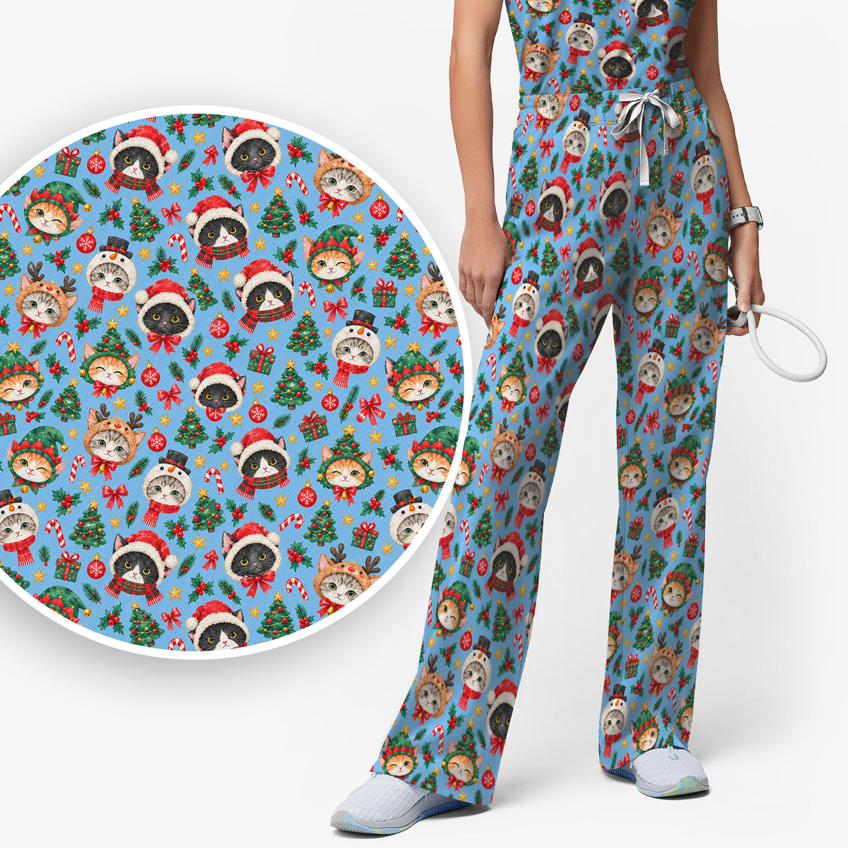 Christmas Cats And Trees Pattern Scrub Set, Scrub Pants and V Neck Top