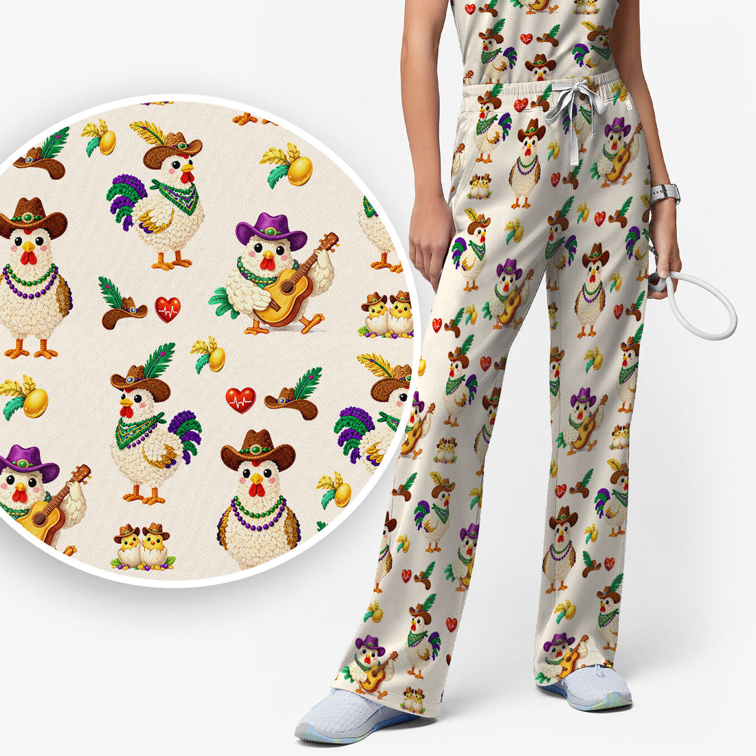 Funny Mardi Gras Rooster Cowboy Print Set, Women's Scrub Sets