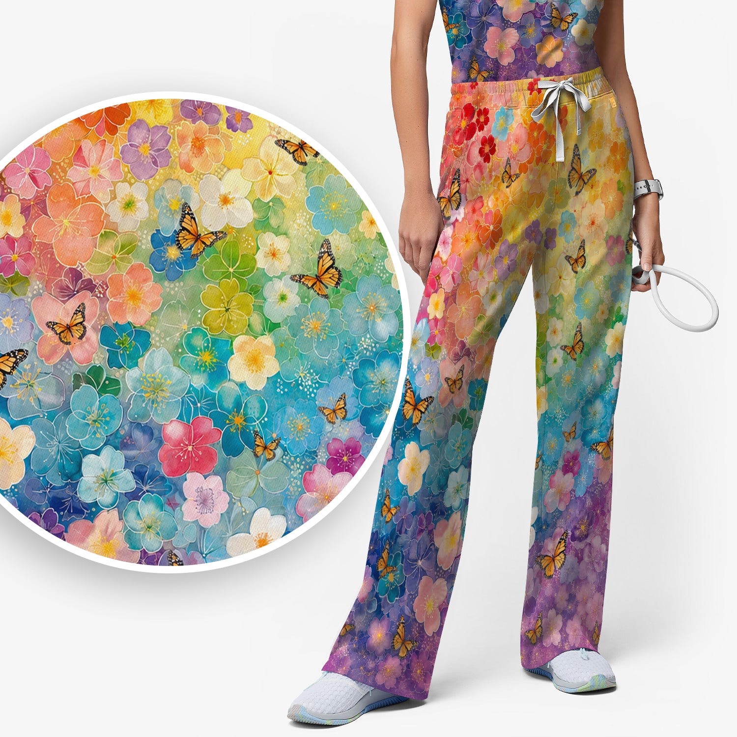 Rainbow Butterfly Floral Blossom Pattern Scrub Set, Scrub Pants and V Neck Top