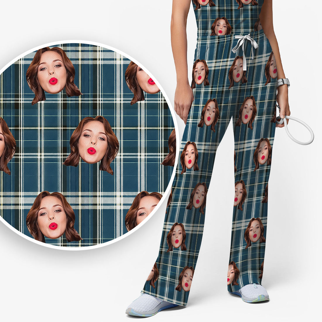 Personalized Funny Face Plaid Scrub Set, Custom Photo Pattern Medical Uniform For Nurses, Breathable Fabrics Nursing Uniform