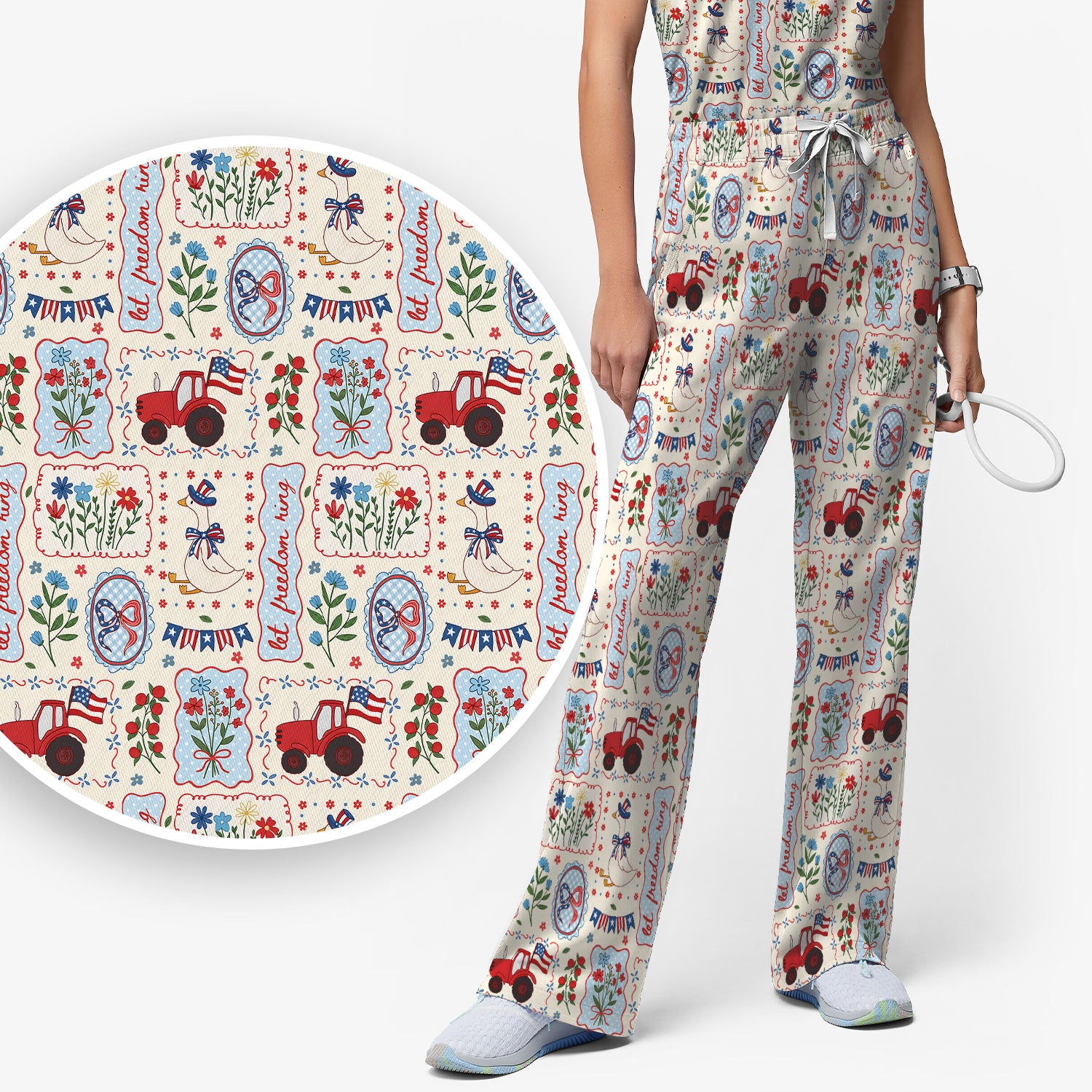 Patriotic Farm Goose Nurse Scrub Top for RN, CNA, Healthcare Workers, Americana Uniform Scrub Set, Scrub Pants and V Neck Top